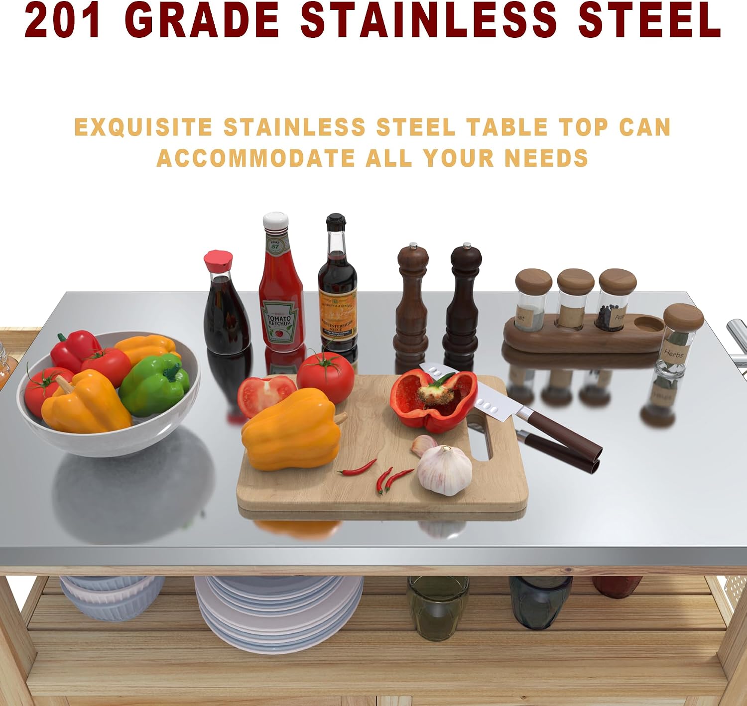 GDLF Outdoor Storage Cabinet Wood Outdoor Kitchen Prep Grill Table with Stainless Steel Top Waterproof Cover (Natural Wood Color)