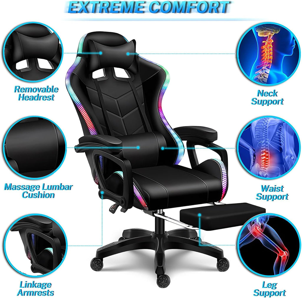 Gaming Chair with Speakers and RGB Lights, Video Game Chairs Ergonomic Pro Office Chair with Full Massage Lumbar Support, 90°-135° Backrest Adjustable Computer Chairs with Footrest,Black