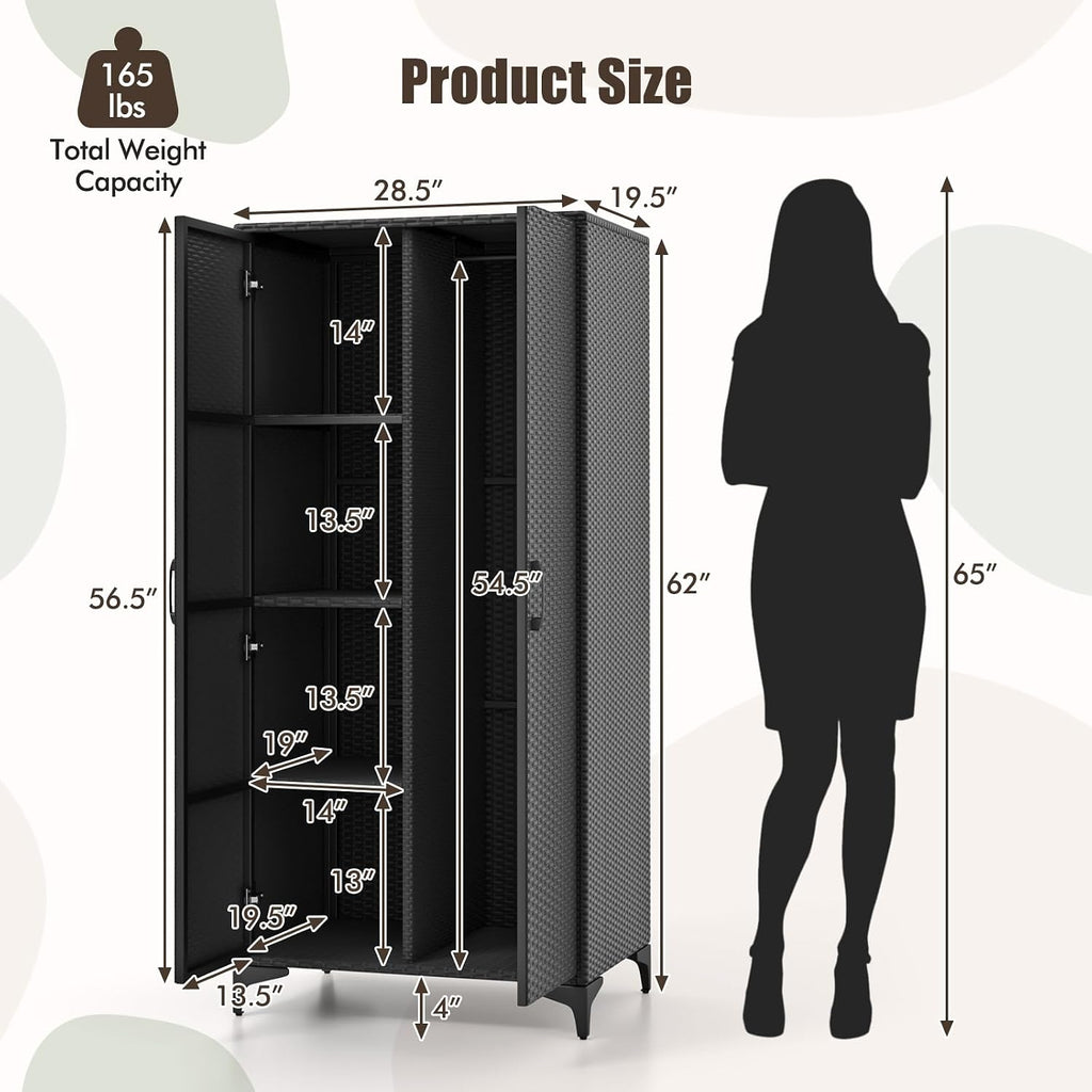 Giantex Wicker Storage Cabinet, 62' Tall Pantry Cabinet with 2 Doors, Hanging Rod, 4 Storage Cubes, Metal Legs, Anti-Tipping Device, PE Rattan Storage Cabinet for Home Office, Garage Cabinets (Black)