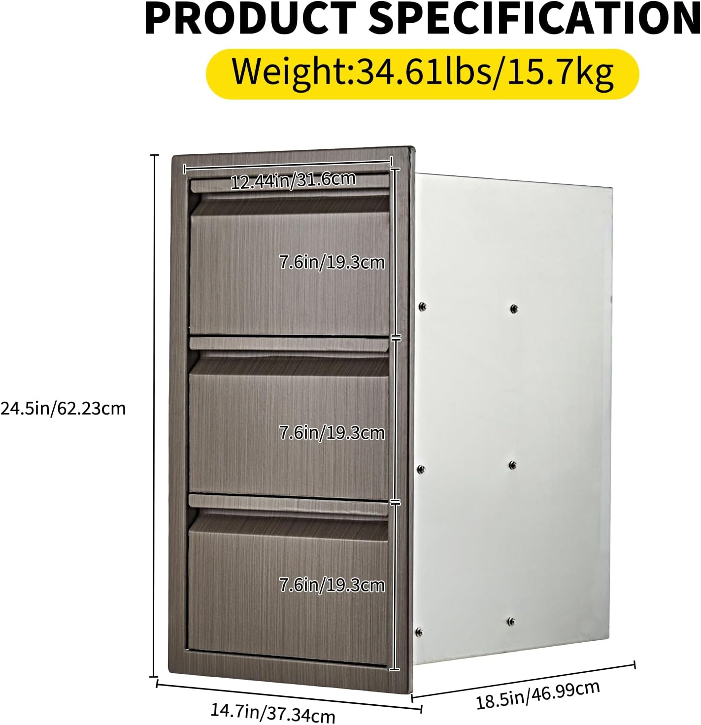 Outdoor Kitchen Cabinets Triple Kitchen Drawer for Outdoor Kitchen Island, 14.7' W Flush Mount Outdoor Cabinet for BBQ Grill Station, Heavy Duty Steel Cabinet for Outdoor Storage