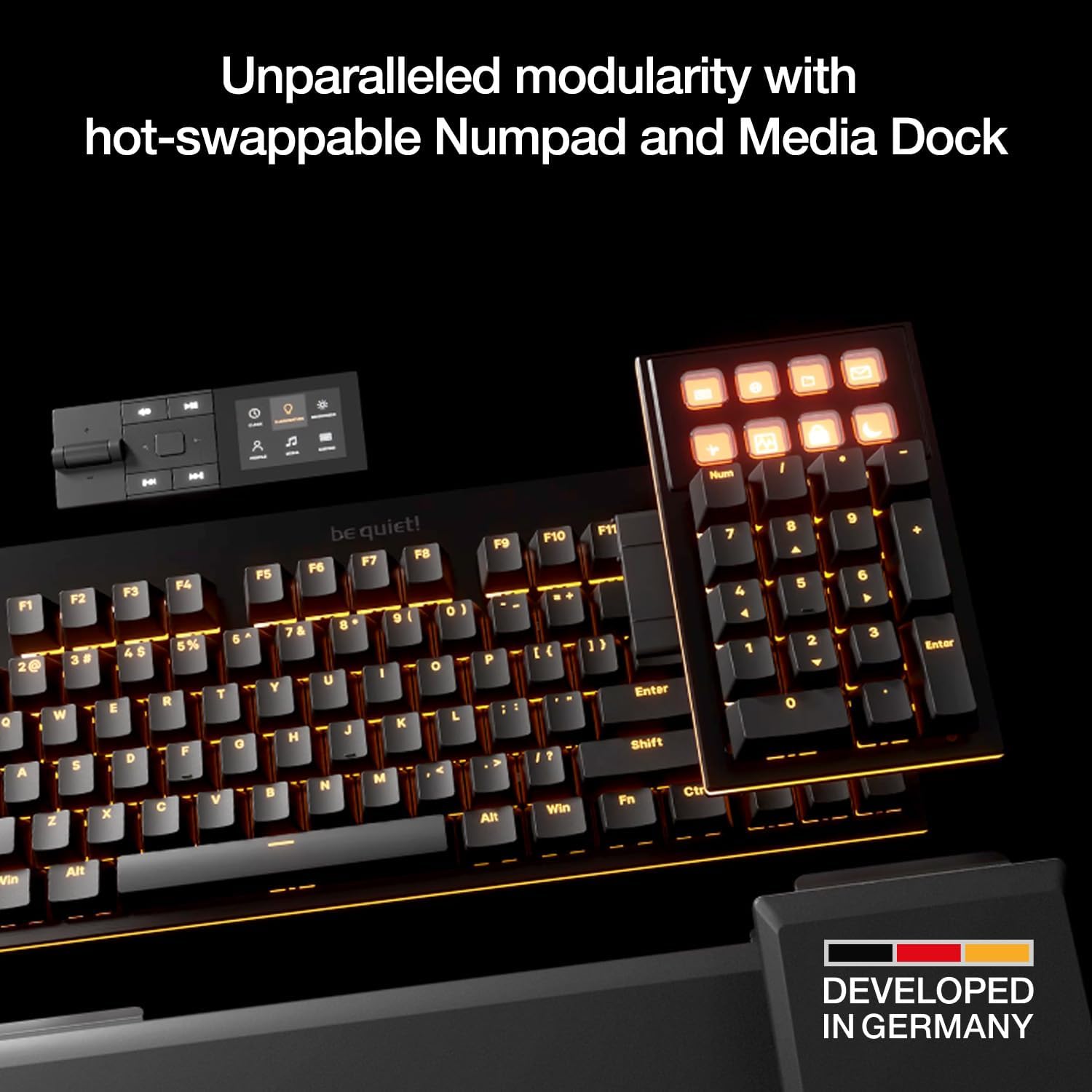 be quiet! Dark Mount Mechanical Keyboard | Tactile | Hot-Swappable Lubricated Silent Switches | Detachable Numpad and Media Dock | Programmable ARGB Keys | Quality PBT Double Shot Keycaps | BT002US