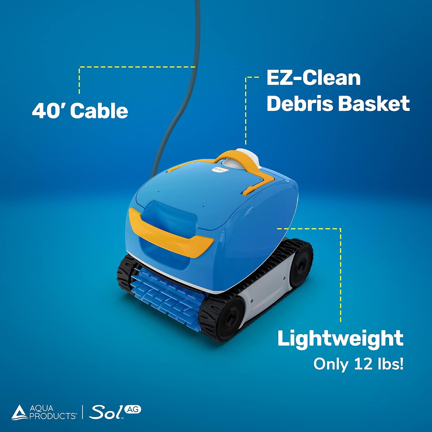 Aqua Products SOLAG Sol AG Robotic Pool Cleaner, Automatic Vacuum for Above Ground Pools up to 30ft, 40ft Cable Length, Floor & Cove Cleaning w/ Strong Suction & Easy to Clean Debris Basket