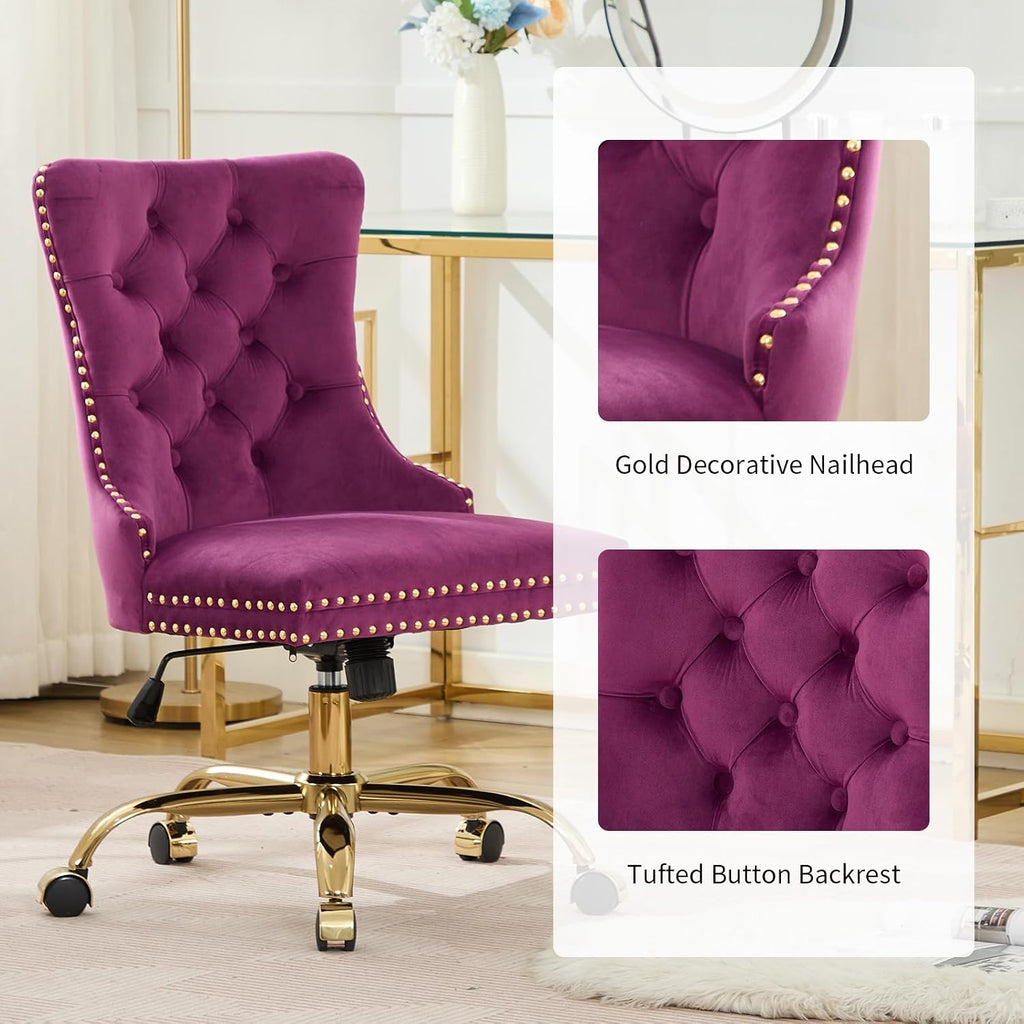 Purple Velvet Home Office Chair with Wheels & Gold Base, Cute Makeup Vanity Chair with Tufted Back for Bedroom, Upholstered Adjustable Swivel Comfy Desk Chair for Girls Women, Purple