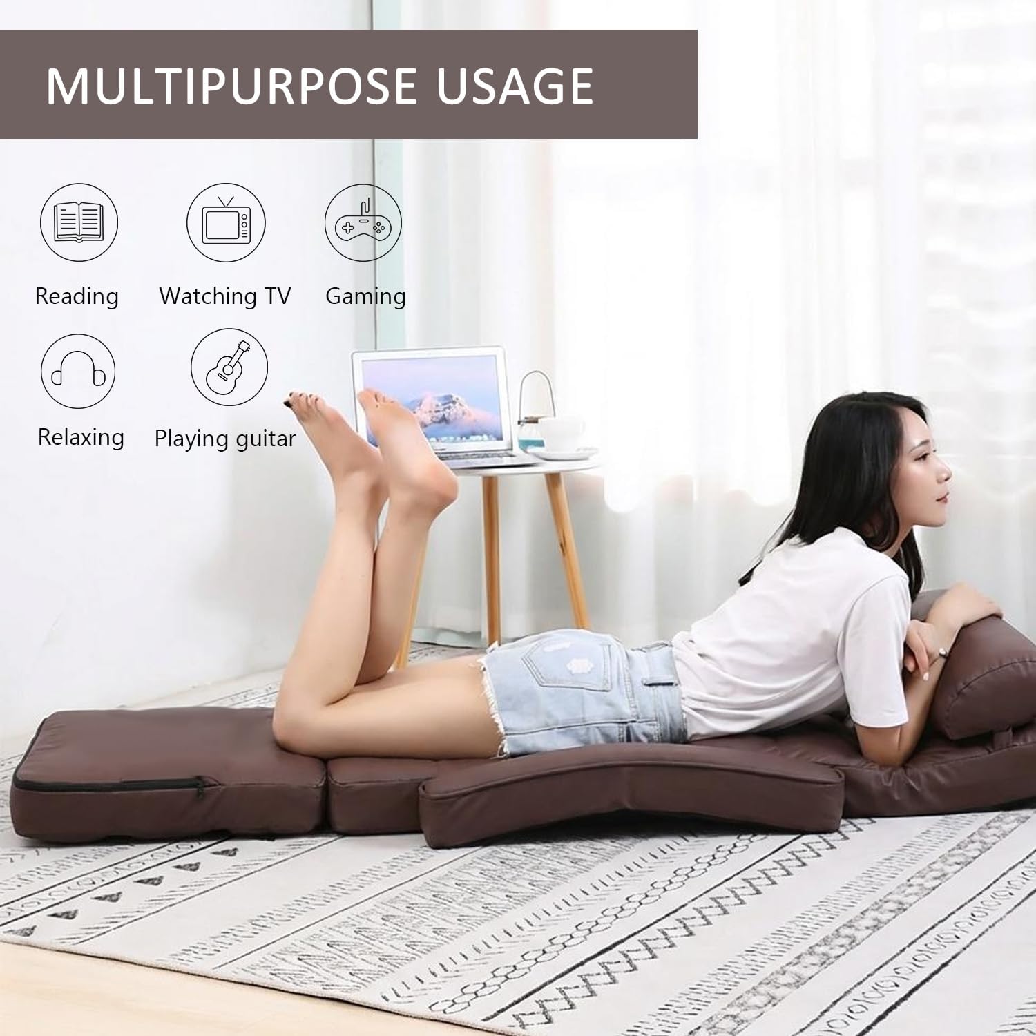 Floor Chair, Floor Gaming Chair with 14 Adjustable Position&Back Support, Folding Lounge Chair with Armrest for Adults, Lazy Sofa Lounger with Comfy Cushion for Living Room,Bedroom,PU,Coffee