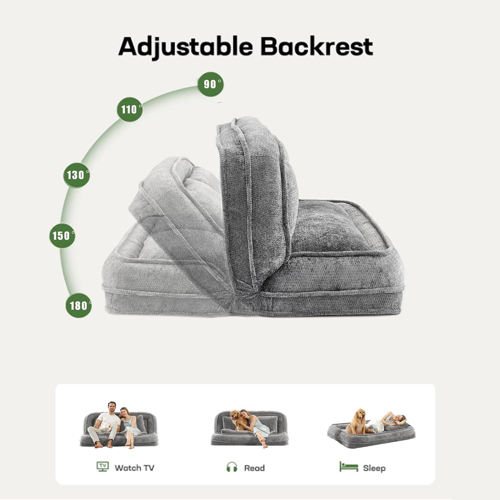 Floor Chair with Back Support, Human Dog Bed, Folding Loveseat with 5 Adjustable Position, 2 Pillows, Chenille Meditation Gaming Chair for Lazy Boys, Living Room, Lounge, Bedroom, Light Grey
