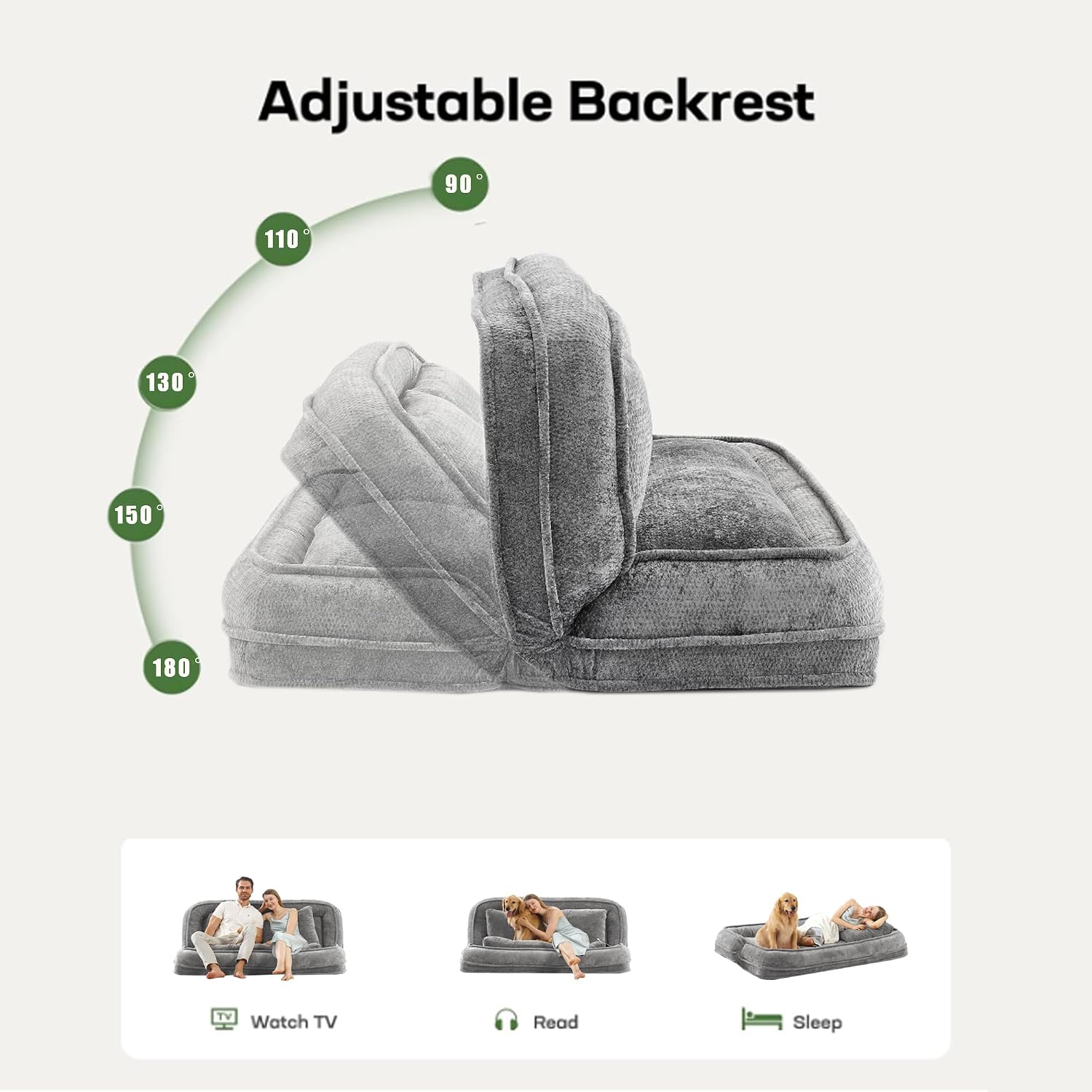 Floor Chair with Back Support, Human Dog Bed, Folding Loveseat with 5 Adjustable Position, 2 Pillows, Chenille Meditation Gaming Chair for Lazy Boys, Living Room, Lounge, Bedroom, Light Grey