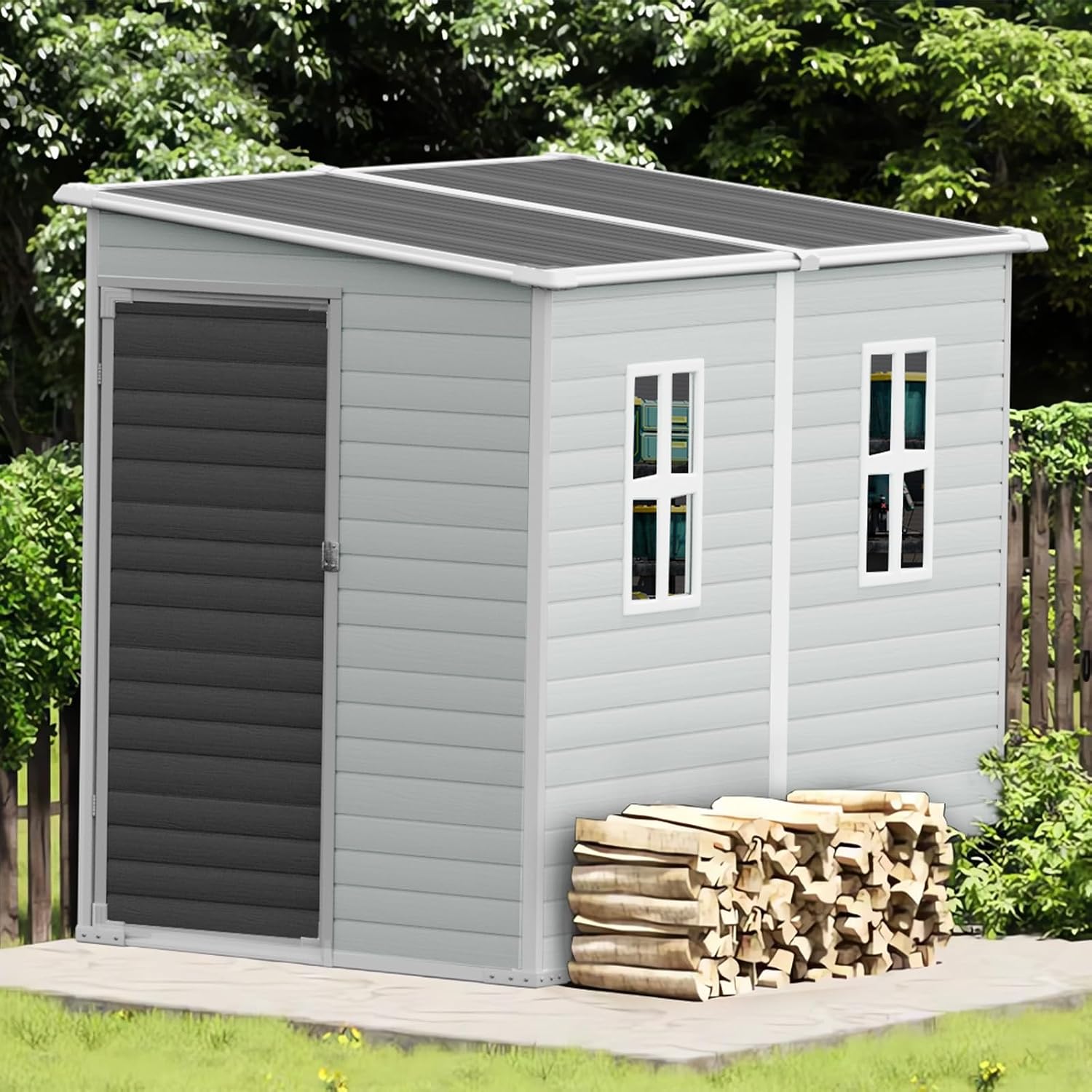CDCASA 4x8 FT Resin Lean to Shed, Waterproof Outdoor Storage Shed with Floor, Plastic Tool Shed for Outside, Backyard, Patio, Poolside, Bike, Grey