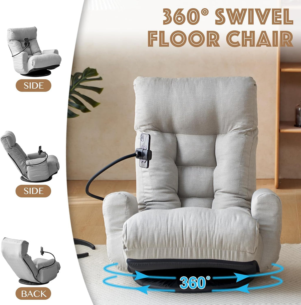 Floor Chair with Back Support, Swivel Gaming Chair with 5 Adjustable Position, Meditation Chair with Phone Holder, Linen Indoor Lounge Chair for Lazy Boys, Living Room, Bedroom, Lounge, Grey