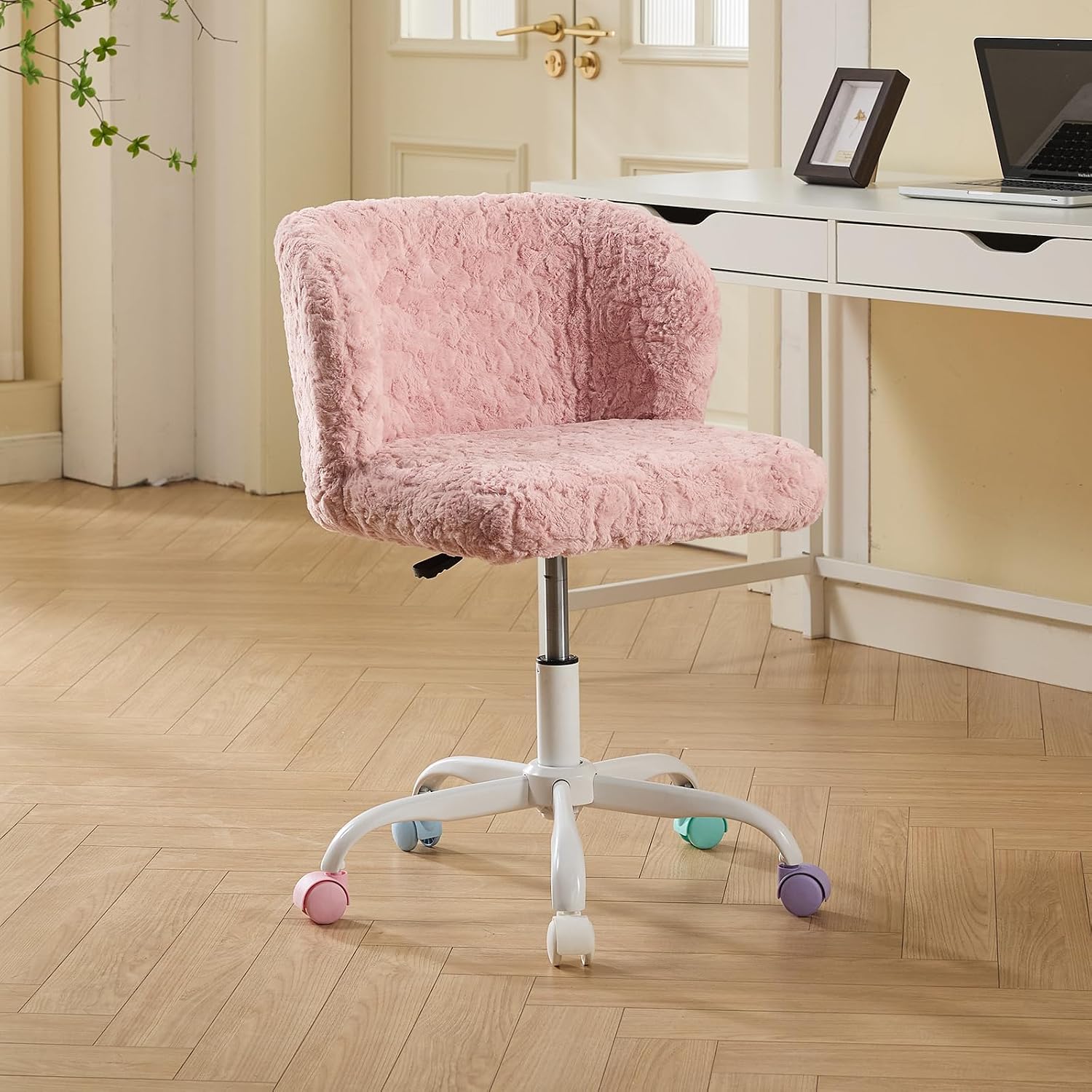 Shenyon Pink Faux Fur Vanity Chair, Adjustable Swivel Home Office Chair with Colorful Wheels and Metal Base, Cute Makeup Chair for Women, Teens & Girls(Pink)