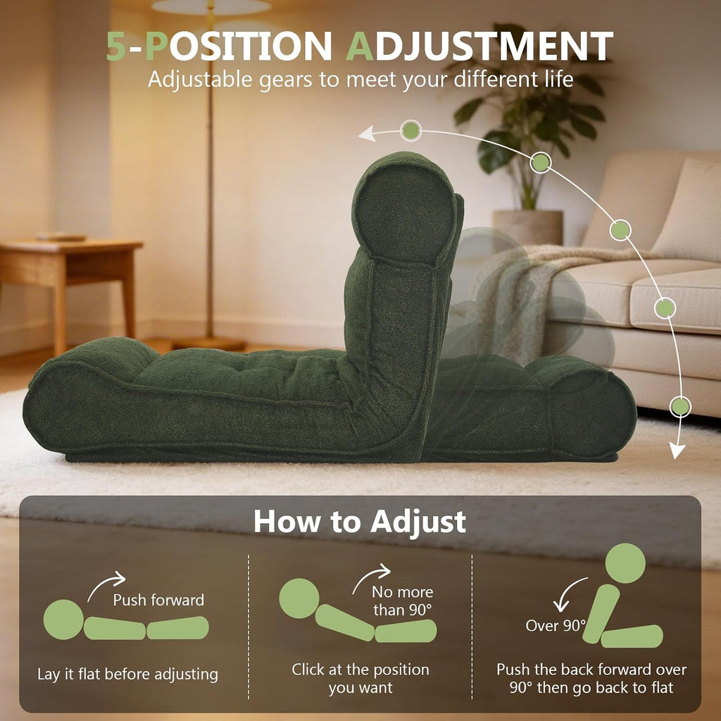 67'' Floor Chair with Back Support Meditation Chair Couch Recliner w Adjustable Backrest Lazy Floor Lounger Gaming Chair for Adults Sofa Bed Sleeper Chair Chaise Lounge Chair Indoor, Green