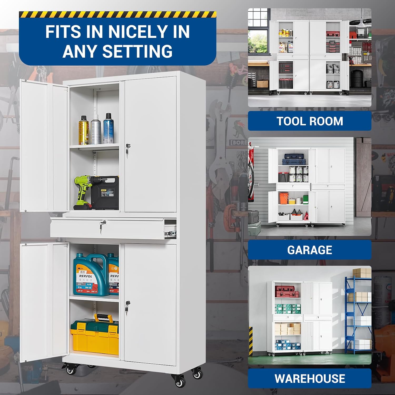 Fesbos 73' Metal Cabinet-White Heavy Duty Rolling Storage Cabinet Steel Tool Cabinets with Wheels, Shelves, Lockable Doors and Drawers- for Garage, Pantry, Warehouse Home Office- Assembly Required