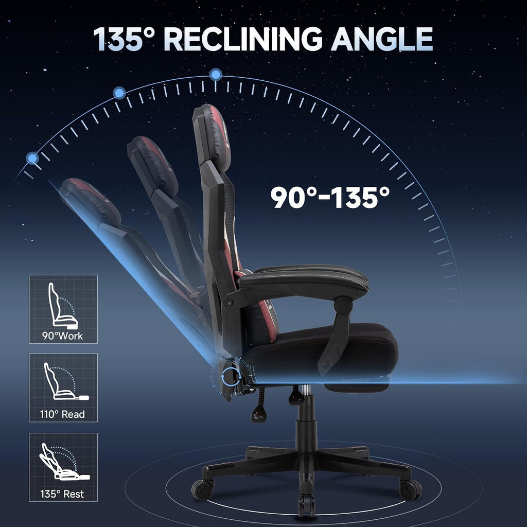 Ergonomic Mesh Video Gaming Chair with Footrest, Height Adjustable Computer Chair with Lumbar Support, High-Back Breathable Reclining Swivel Chair for Adults Home Office & Work (Red)