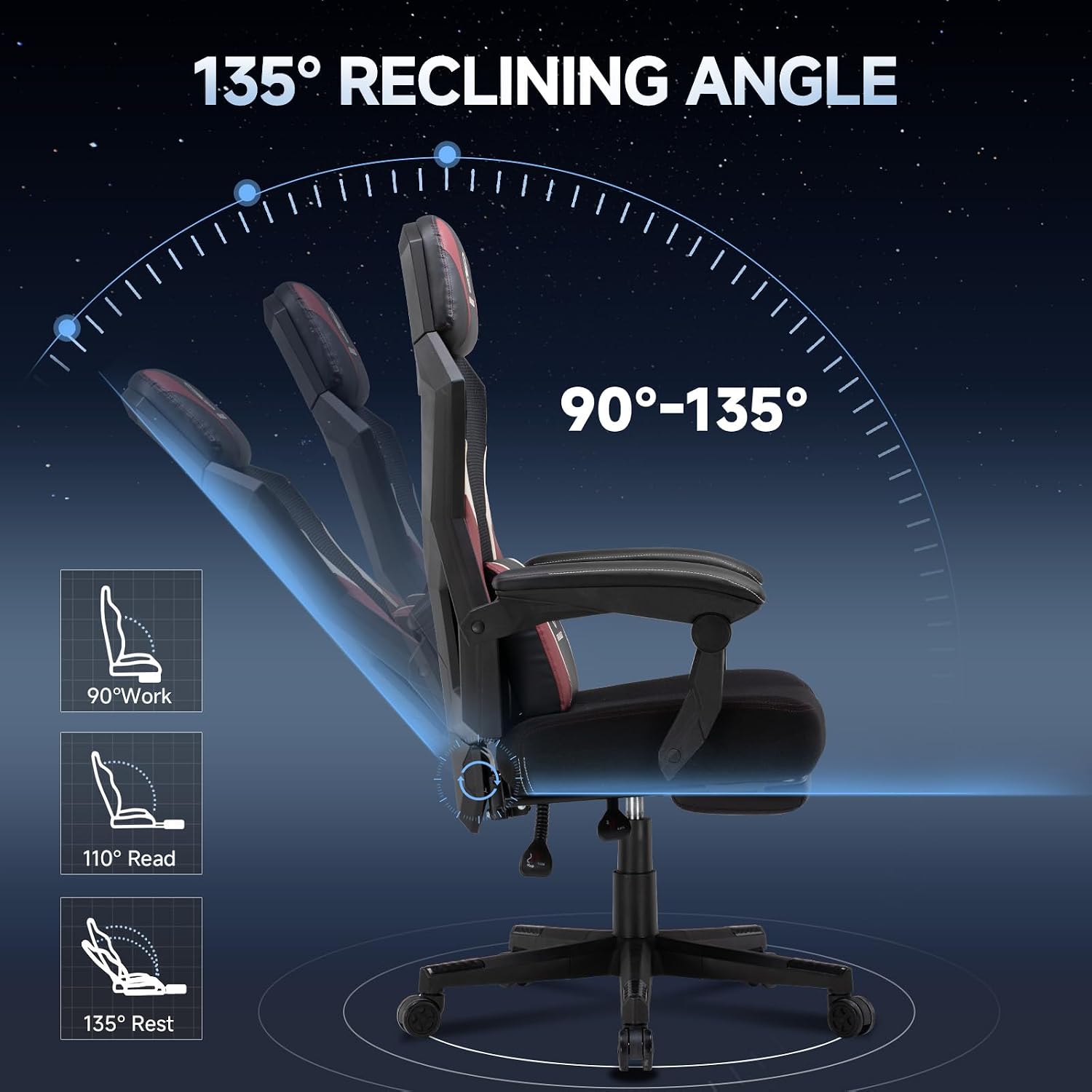 Ergonomic Mesh Video Gaming Chair with Footrest, Height Adjustable Computer Chair with Lumbar Support, High-Back Breathable Reclining Swivel Chair for Adults Home Office & Work (Red)