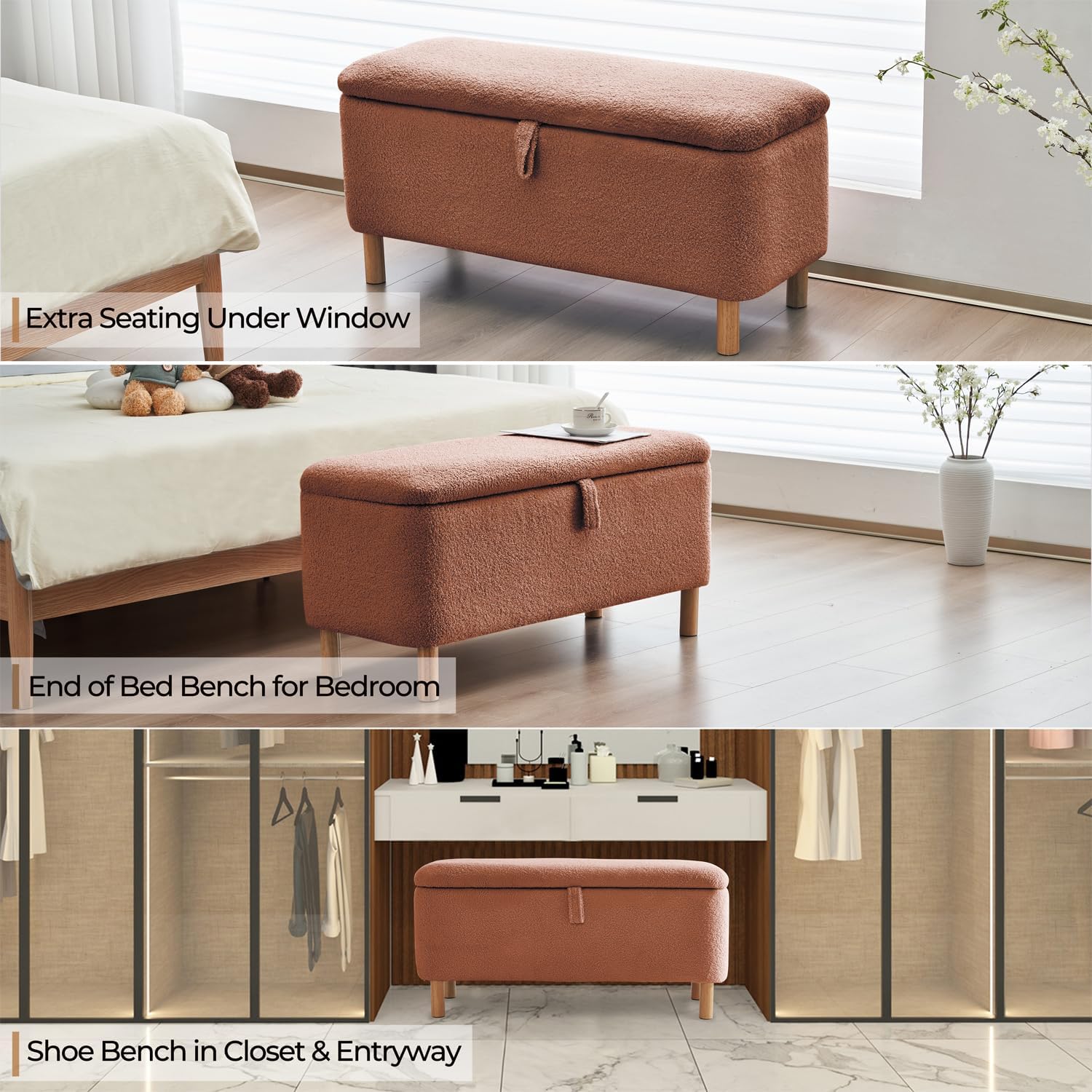 Boucle Storage Ottoman Bench for Bedroom end of Bed, Sherpa Upholstered Shoe Seat Storage Bench for Entryway Bed Foot, Rectangle Cushion Padded Blanket Chest Cute for Living Room, Burnt Orange