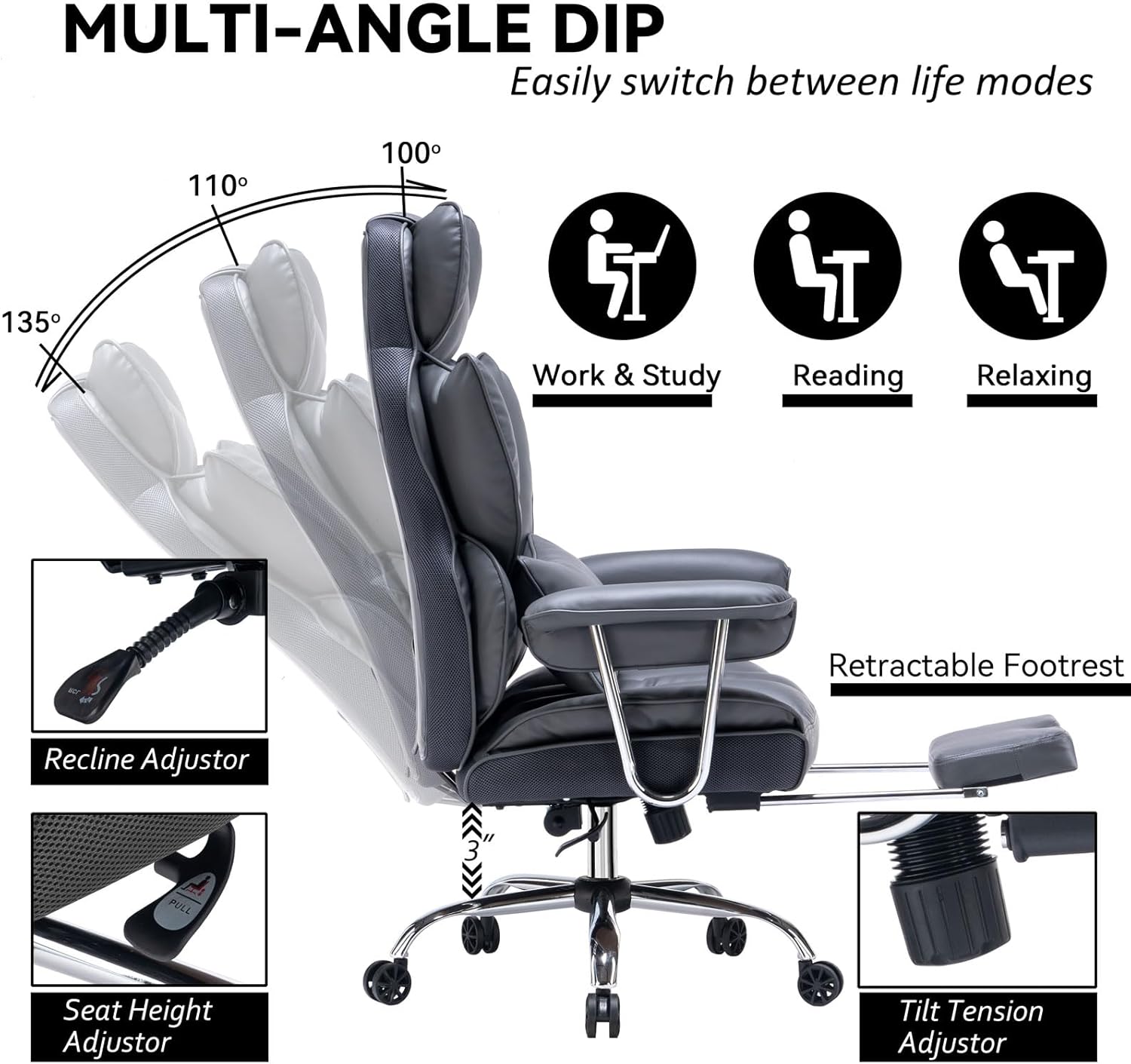 Efomao Big and Tall Office Chair 400lbs – PU Leather Executive Office Chair with Lumbar Support & Leg Rest, Heavy-Duty Computer Chair for Home Office, Dark Grey