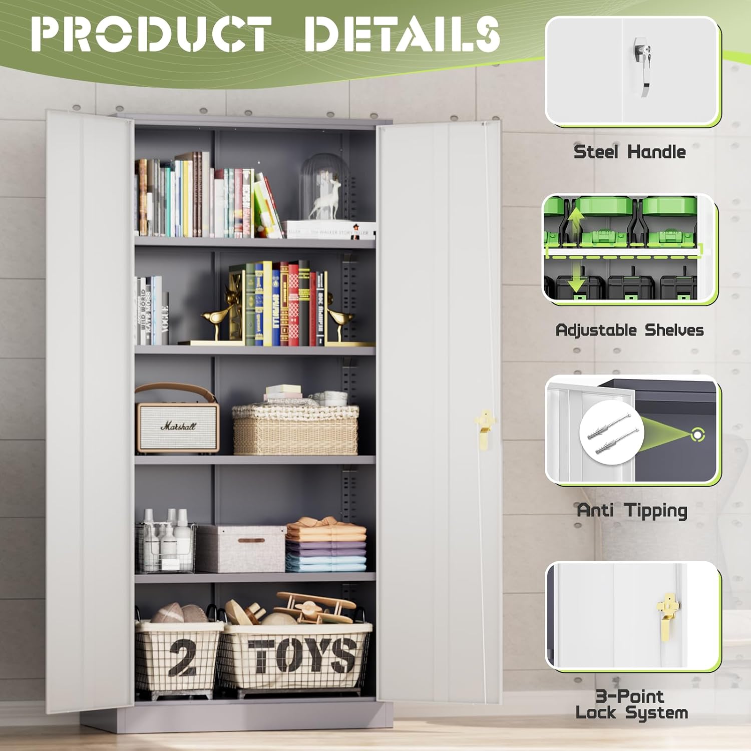 Incbruce Patio Metal Storage Cabinets, 72' H x16 D Outdoor Tool Shed with Doors and Adjustable Shelves for Home, Patio, Office (Grey White)