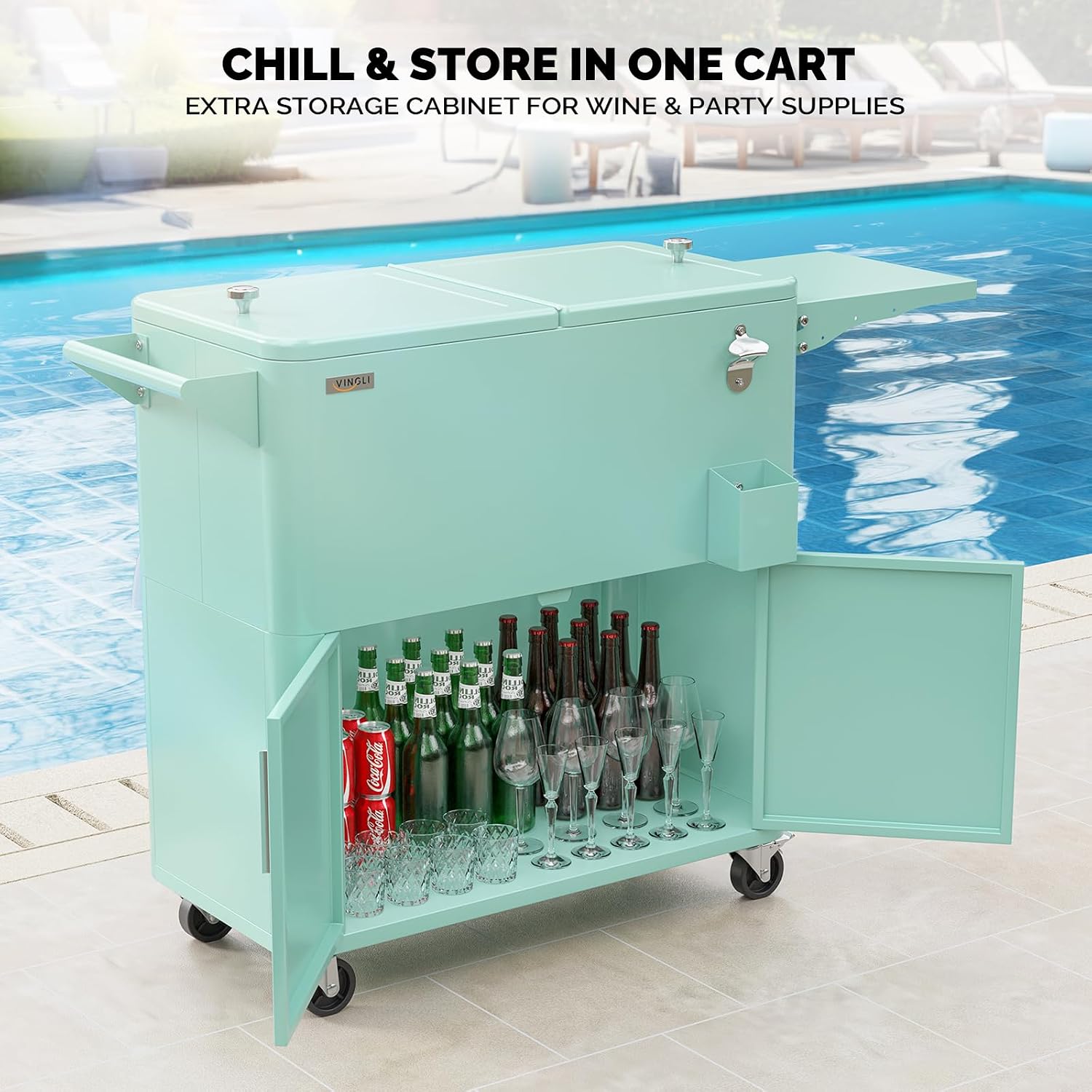 VINGLI Patio Cooler, Ice Chest with Storage Cabinet, Bottle Opener Drainage, Outdoor Cooler for Party, Deck, Pool