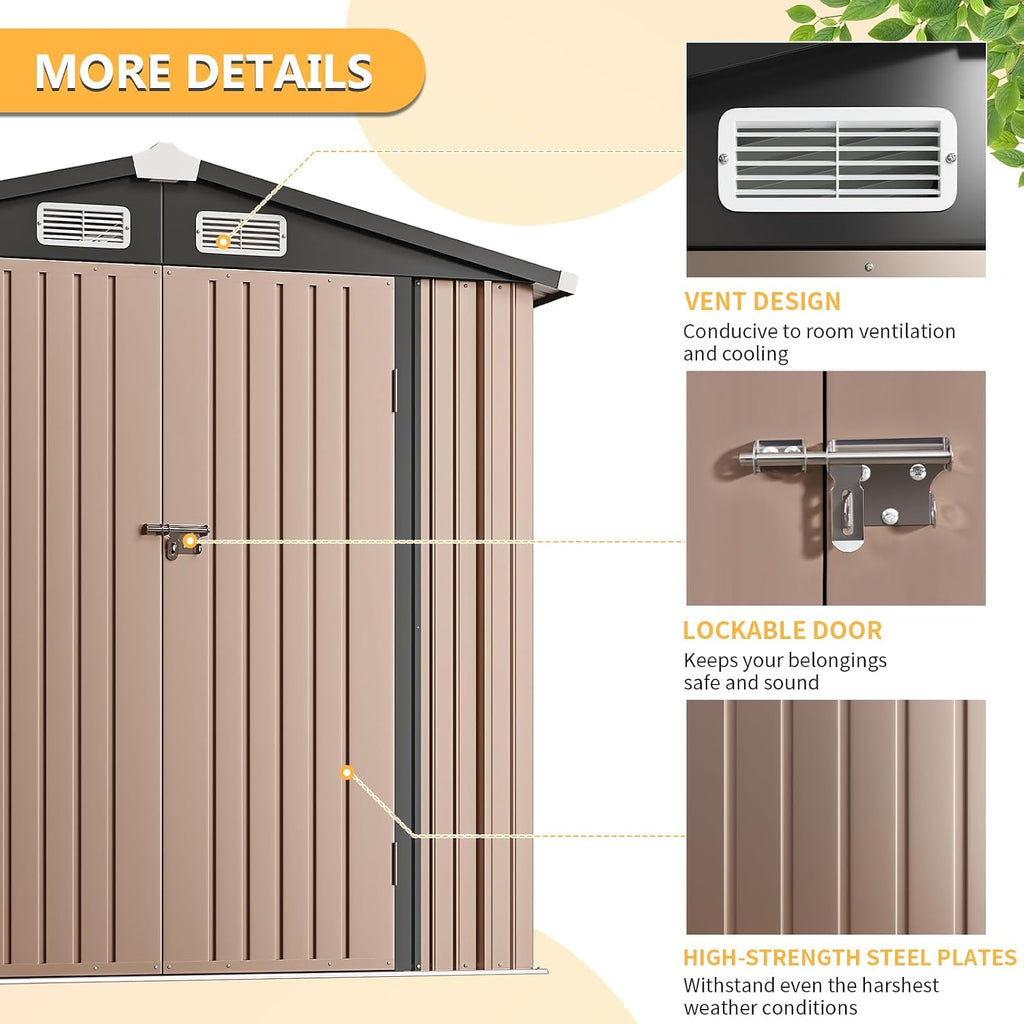 Outdoor Storage Shed 6.4x3.6FT Outdoor Garden Storage Shed, Galvanized Steel Metal Garden Shed with Air Vent and Hinged Door Utility Tool Storage House for Garden, Backyard, Patio, Lawn