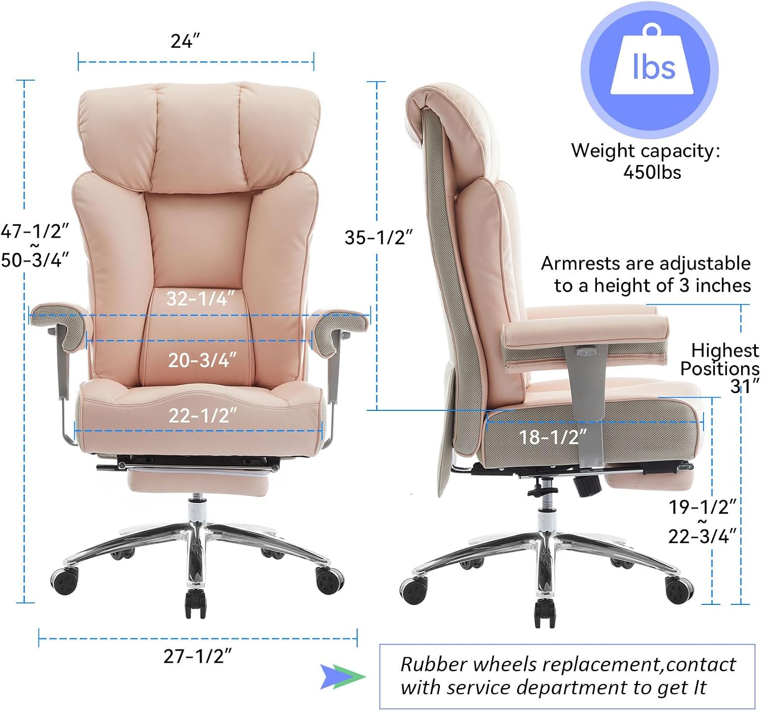 Efomao Big and Tall Office Chair for Women 400lbs - Heavy Duty Executive Desk Chair with Footrest & 23' Wide Seat - High Back Computer Chair for Heavy People, Home Office, Pink