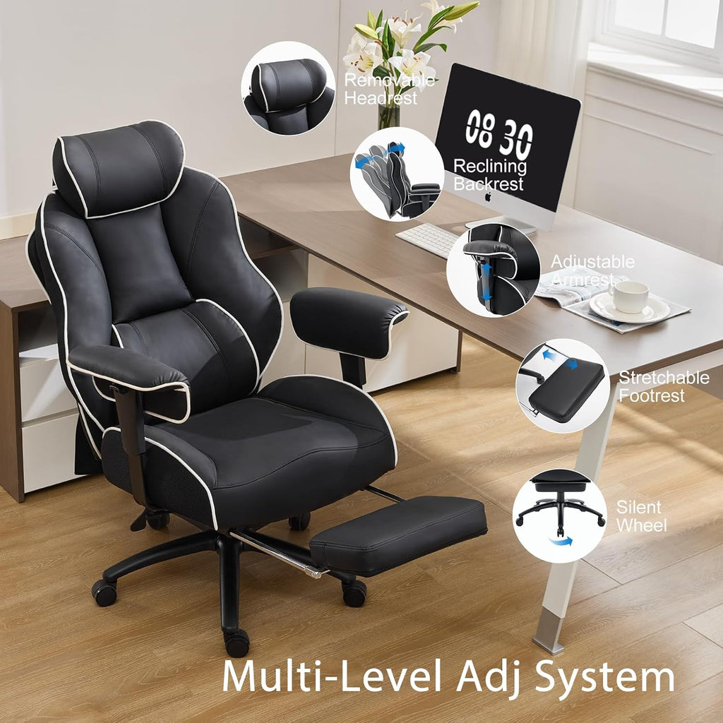 DJWang Big and Tall Office Chair with Foot Rest, High Back Executive Office Chair, PU Leather Ergonomic Chair with Lumbar Support, 135 Reclining Chair with Thickened Spring Cushion, Black