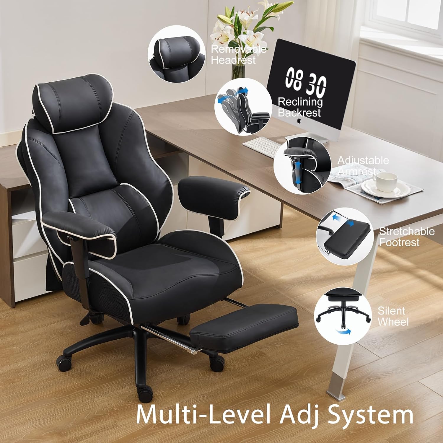 DJWang Big and Tall Office Chair with Foot Rest, High Back Executive Office Chair, PU Leather Ergonomic Chair with Lumbar Support, 135 Reclining Chair with Thickened Spring Cushion, Black