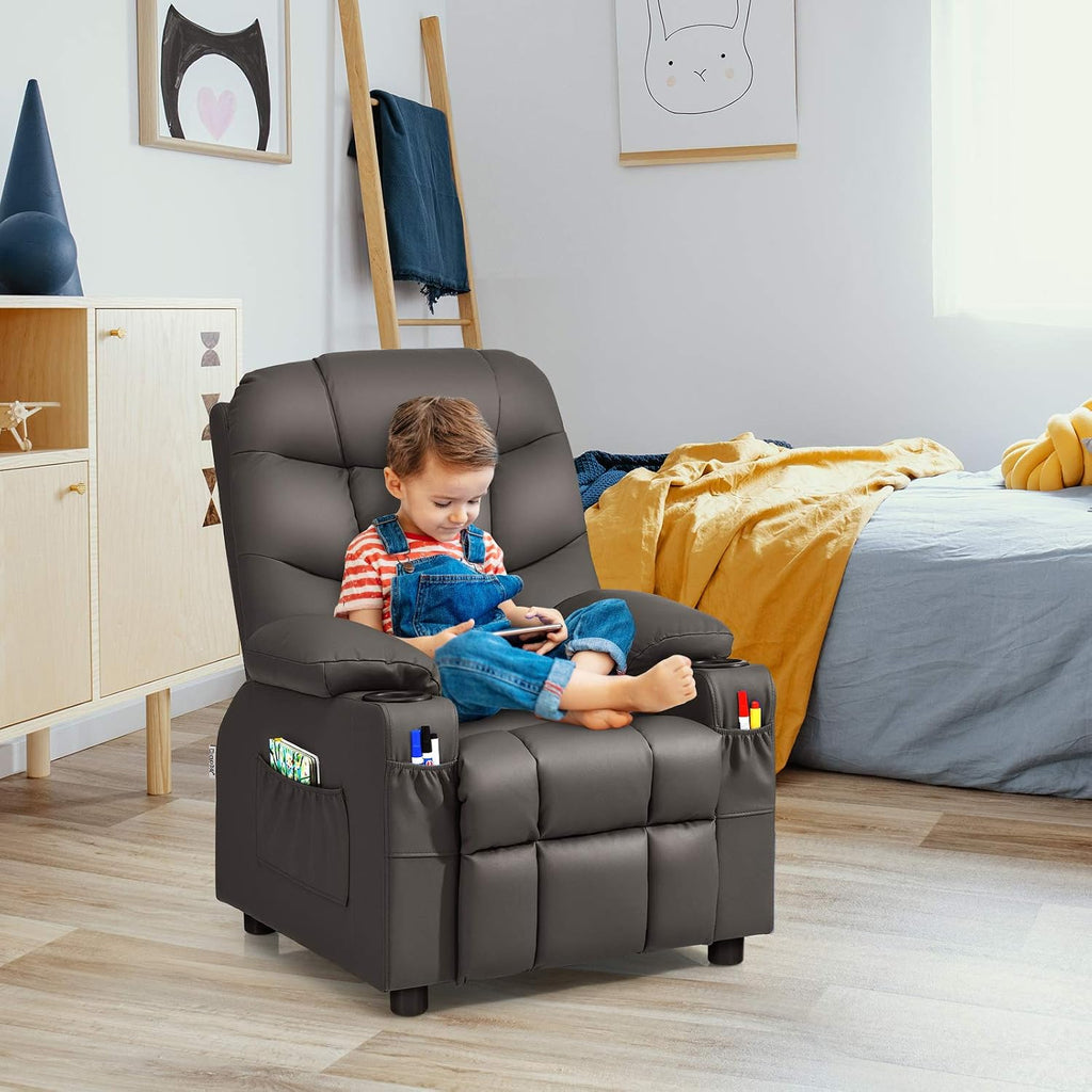 MAT EXPERT Kids Recliner, Leather Adjustable Reading Gaming Chair w/ 2 Cup Holder, 3 Side Pocket Storage & Footrest, Kids Couch Toddler Lounge Chair for Boys Girls, Kids Room Playroom Nursery (Coffee)