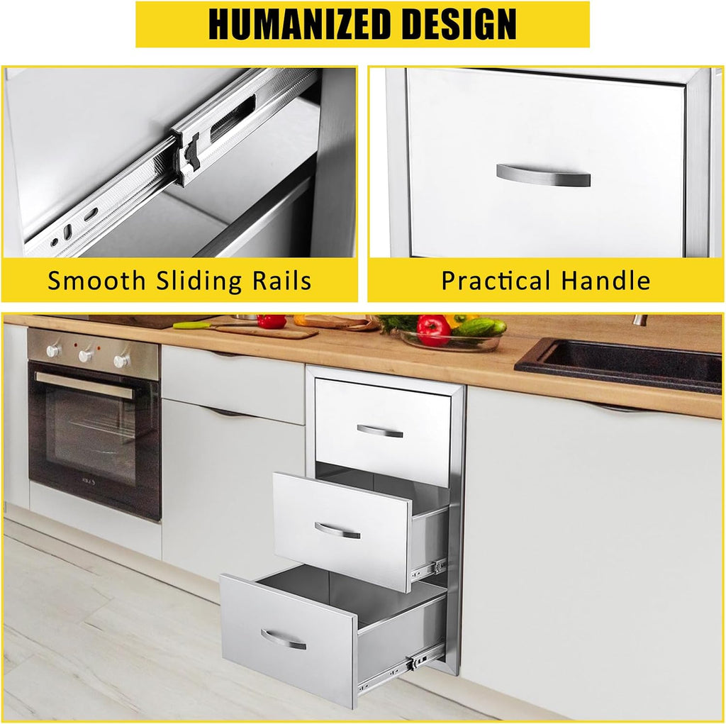 17W x 21D x 30H Inch Outdoor Kitchen Drawers Stainless Steel, Flush Mount Triple Drawers with Stainless Steel Handle, Venting Panel Weatherproof for Kitchen Island Patio, Grill Station