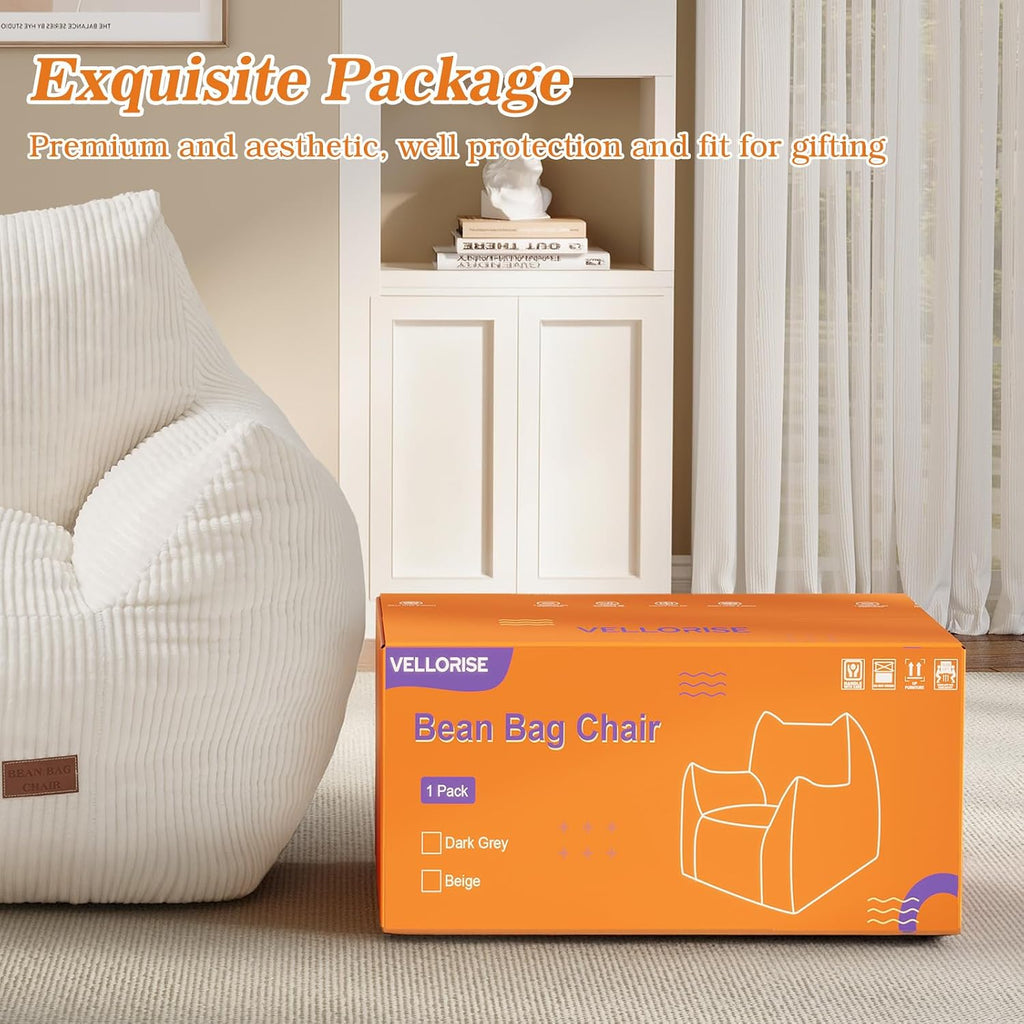 Big Bean Bag Chair for Adults, Ultra Soft Living Room Bean Bag with Armrests, Stuffed BeanBag Chair for Napping, Gaming, Vacuum-Compressed for Easy Gifting, 48 Hours to Fluffs Up, Beige