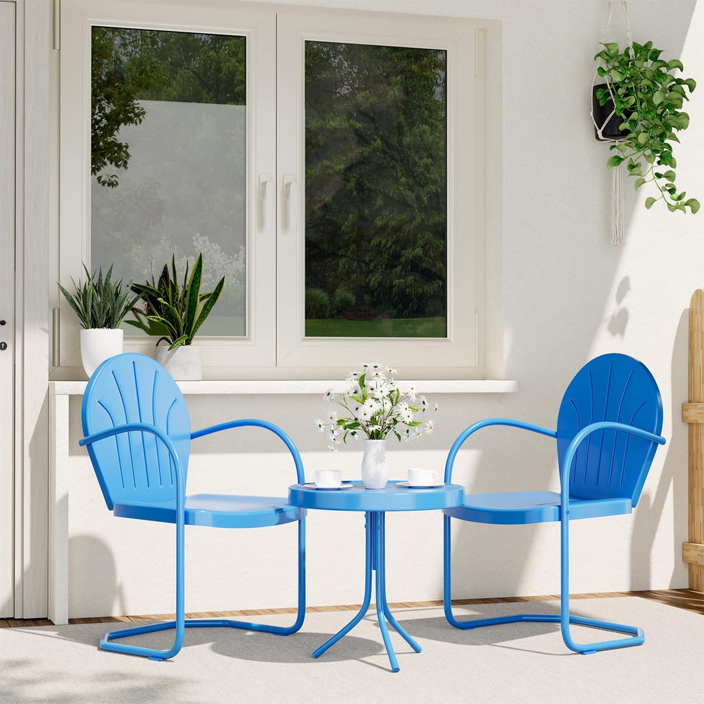 3 Pieces Patio Bistro Set, Retro Metal Outdoor Seating Conversation, 2 C-Spring Retro Metal Patio Chairs and Round Side Table, for Balcony, Yard, Garden (Blue)