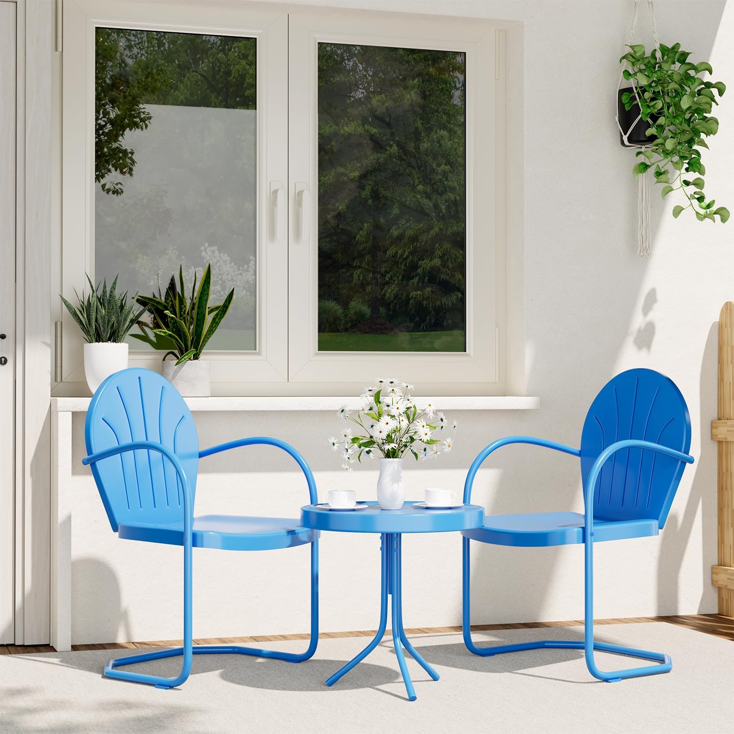 3 Pieces Patio Bistro Set, Retro Metal Outdoor Seating Conversation, 2 C-Spring Retro Metal Patio Chairs and Round Side Table, for Balcony, Yard, Garden (Blue)