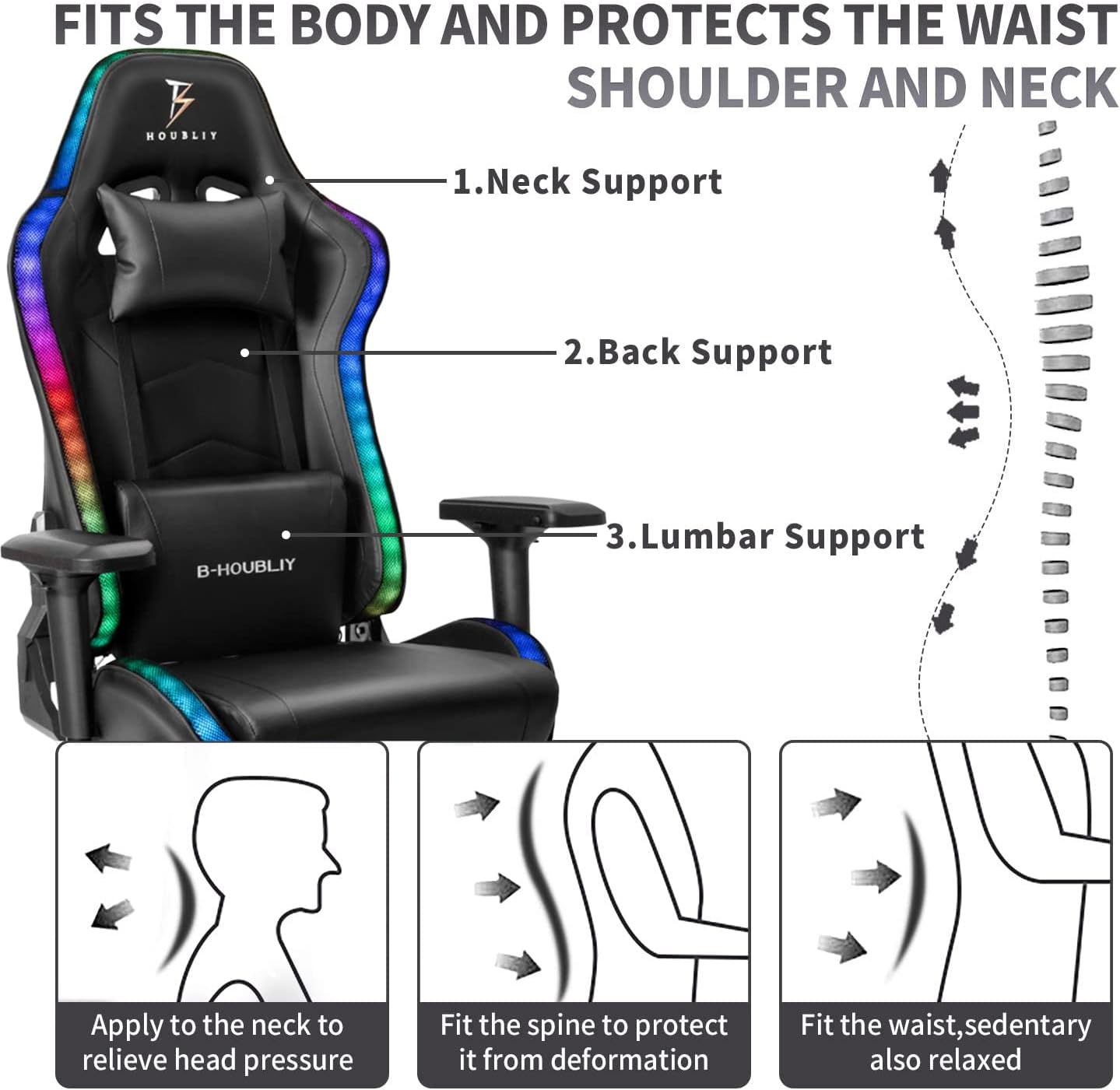 Ergonomic Massage Gaming Chair with Speakers and RGB Lights, PU Leather Computer Office Chair with Footrest, High Back Recliner Chair 360° Swivel Height Adjustment Music Video Game Chair,Black