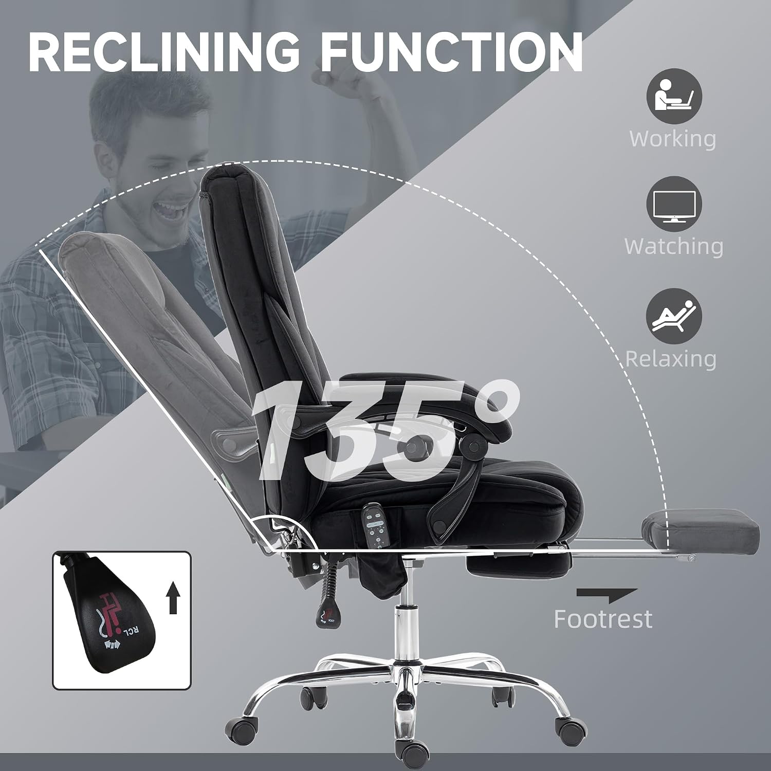 Vinsetto Massage Office Chair with Foot Rest, Executive Computer Desk Chair with 6 Vibration Point and Heat, Reclining Backrest, Swivel Wheels, Adjustable Height, Black
