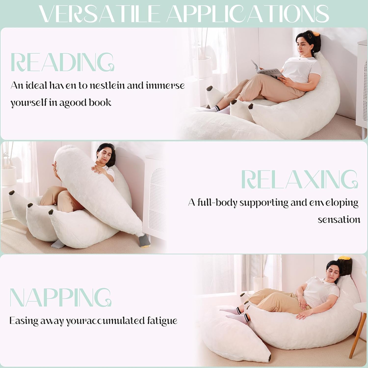 Banana Bean Bag Chair with Ottoman, Floor Sofa Bed with Footrest, Comfy Convertible Lounger for Adults, Plush Couch for Bedroom, Living Room or Dorm, L-Cream