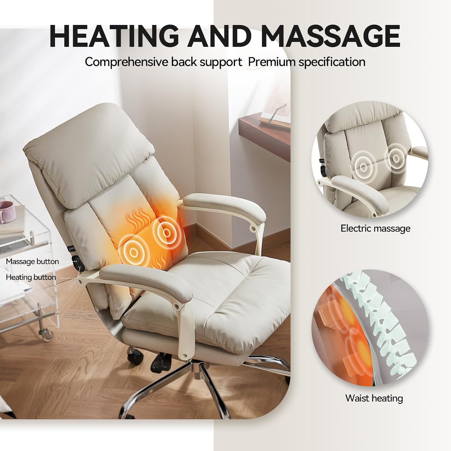 EMIAH Heated and Massage Office Chair with Foot Rest, Executive Office Chair Reclining High Back PU Leather Comfy Swivel Computer Desk Chairs with Wheels and Lumbar Support for Home Office，Beige