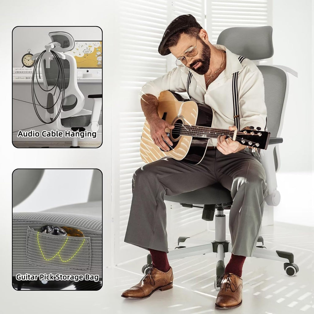 Ergonomic Office Chair Reclining Gaming Chair Adjustable Lumbar Support 4D Armrest 6D Headrest Breathable Mesh Swivel Computer Chairs Home Studio Chairs Desk Chair Coat Hanger Tilt Lock (Grey)