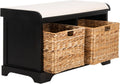 SAFAVIEH Home Collection – Freddy Black Storage Bench with Wicker Baskets & Cushion, Entryway Seating Bench, Fully Assembled (AMH5736B)