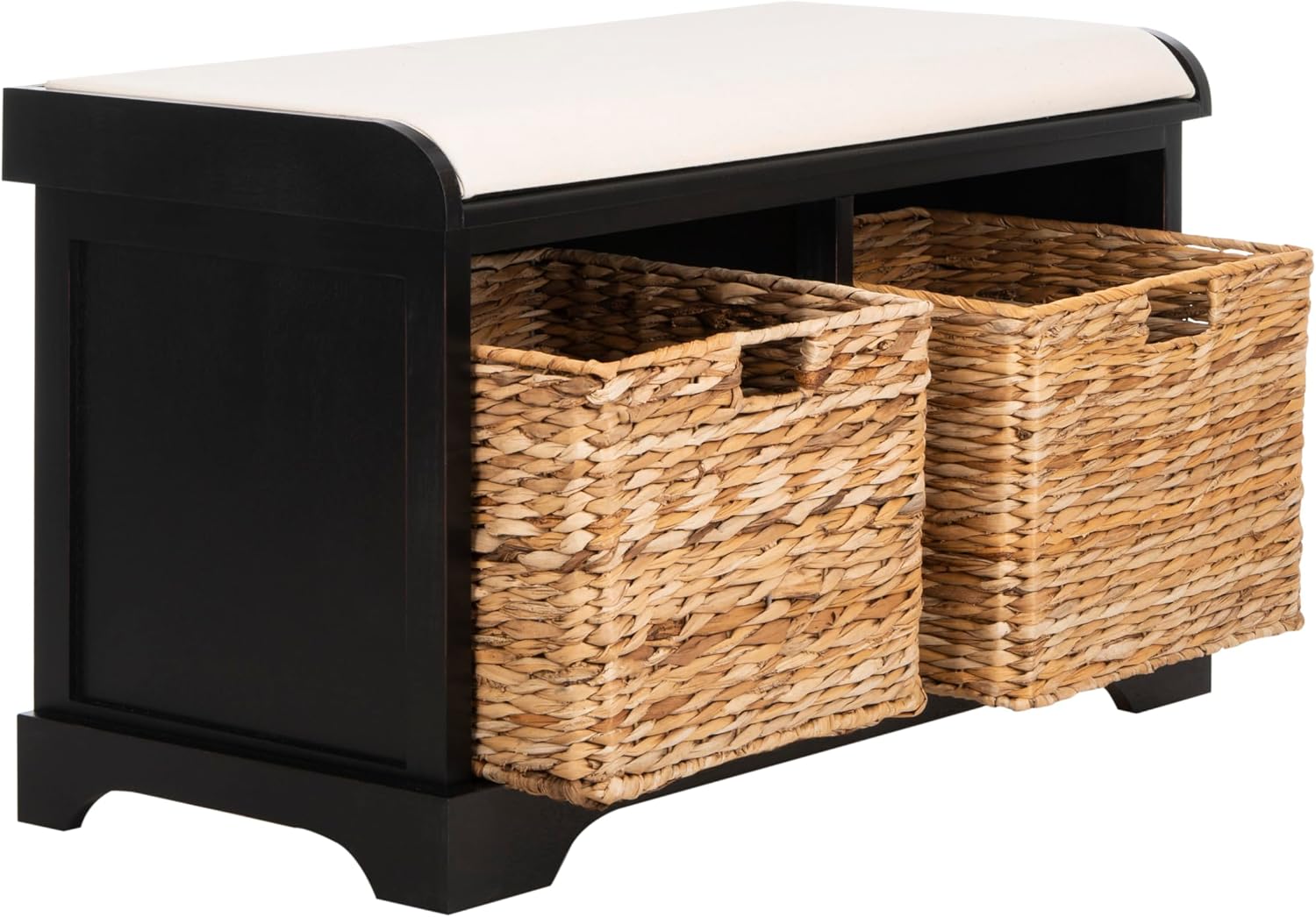 SAFAVIEH Home Collection – Freddy Black Storage Bench with Wicker Baskets & Cushion, Entryway Seating Bench, Fully Assembled (AMH5736B)