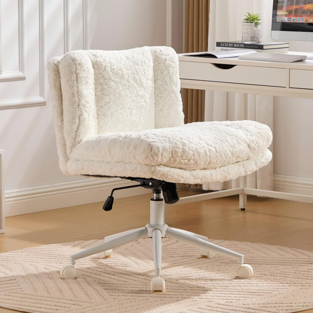 Shenyon Criss Cross Chair with Wheels, Wide Cross Legged Office Chair with 2 Layer Cushions & Back, Adjustable Swivel Home Office Chair, Comfy Faux Fur Makeup Vanity Chair for Girls Women, Cream