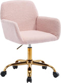 KCC Faux Fur Vanity Makeup Desk Chair, Comfy Fluffy Swivel Modern Leisure Armchair with Wheels, Upholstered Fuzzy Height Adjustable for Teens Women Girls Elegant Home Office, Pink