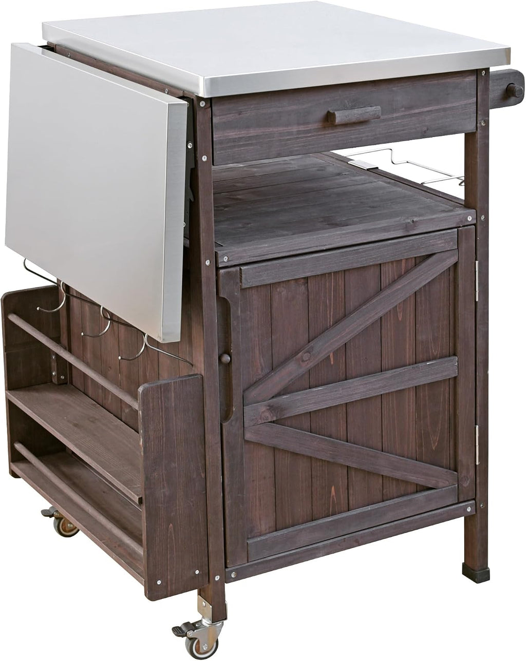 Solid Wood Outdoor Small Grill Table Kitchen Island with Stainless Steel Drop Leaf, Farmhouse Serving Cart with Drawer and Wheels, Outdoor Side Bar Table for Patio, Lawn Garden, Kitchen, Brown