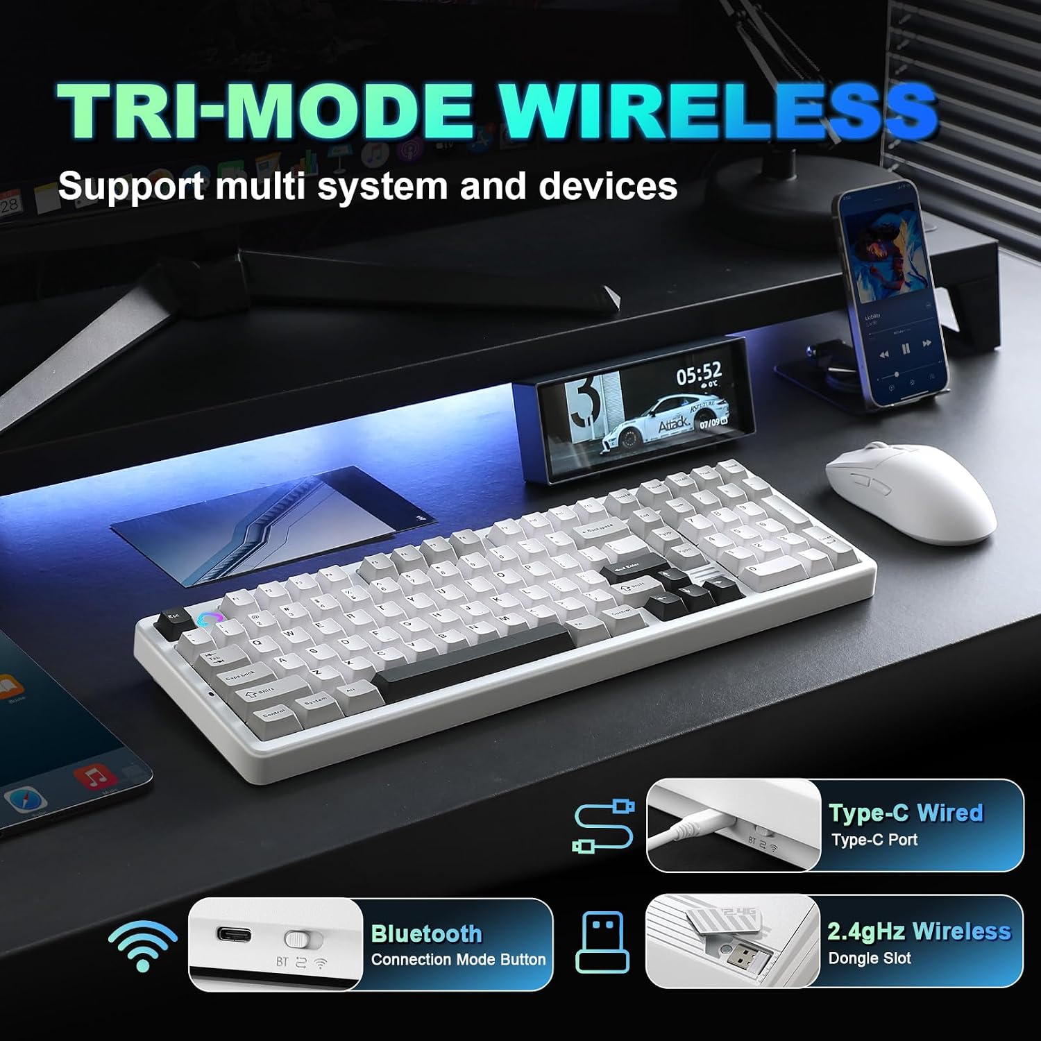YUNZII AL98 QMK/VIA Wireless Mechanical Gaming Keyboard,Full Aluminum,BT/2.4G/USB-C, Pre-Lubed Hot Swappable Gasket Mount 1800 Layout,RGB Backlit for Win/Mac (White, Milk Switch)