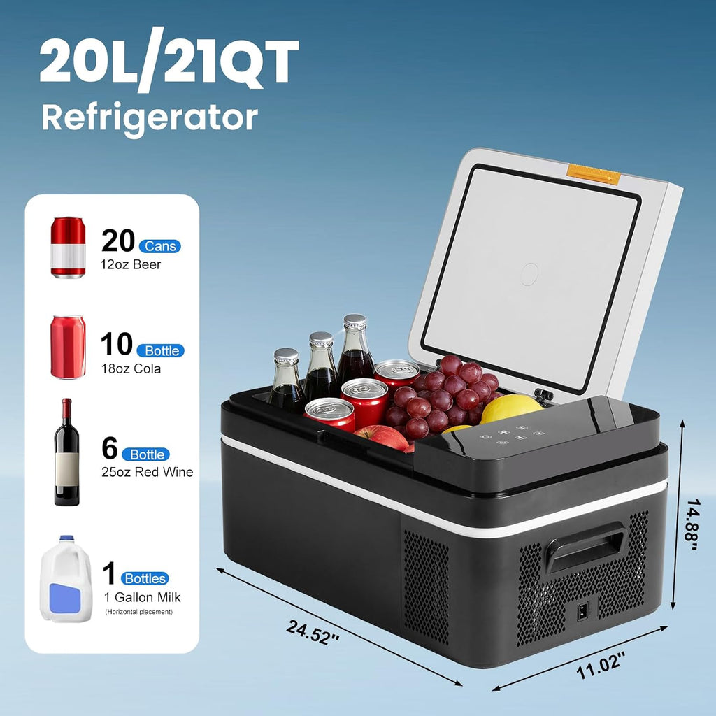 OLIXIS Portable Car Refrigerator, 21QT Single-Zone Electric Cooler for Vehicles, -4℉-68℉ Freezer Smart Control via Bluetooth with Car Battery Protection, Child Lock, 12/24V DC & 100-240V AC Powered