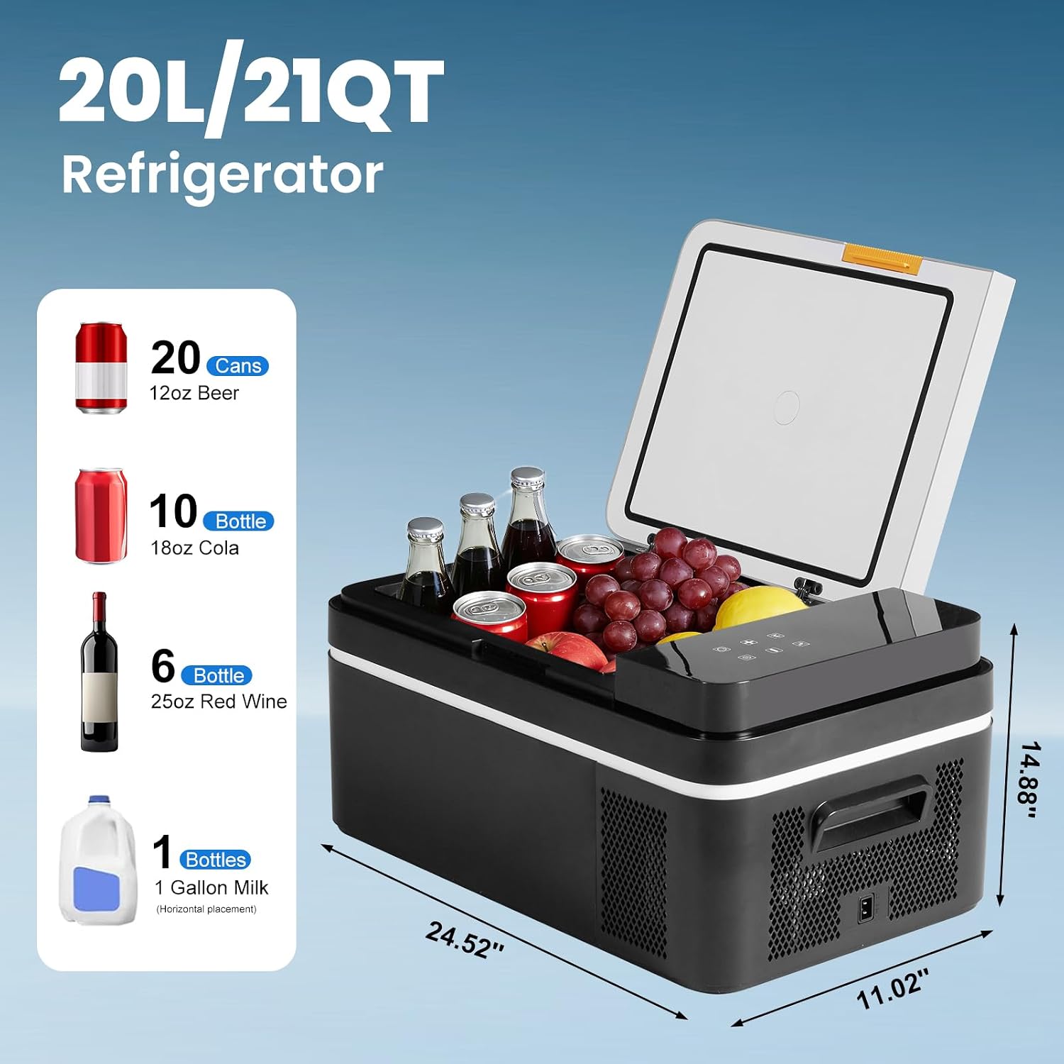 OLIXIS Portable Car Refrigerator, 21QT Single-Zone Electric Cooler for Vehicles, -4℉-68℉ Freezer Smart Control via Bluetooth with Car Battery Protection, Child Lock, 12/24V DC & 100-240V AC Powered