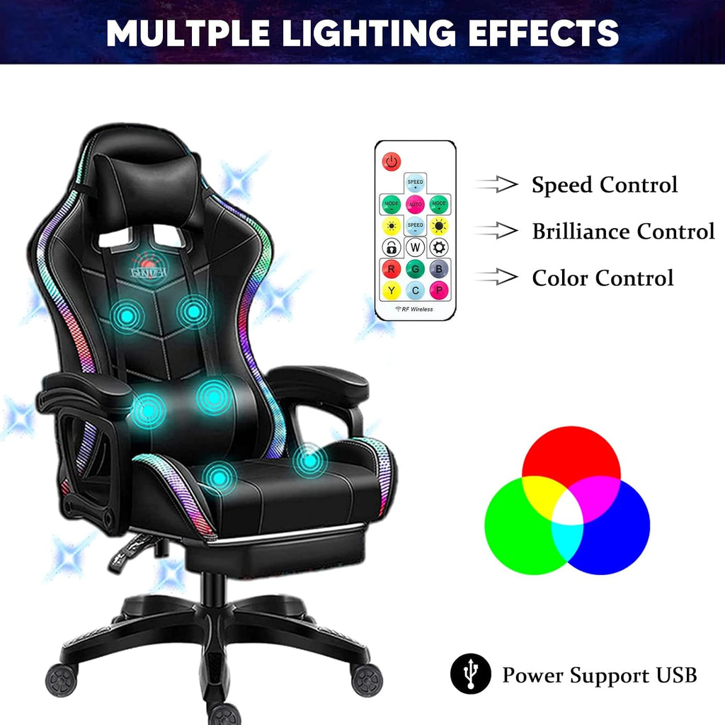 Gaming Chair with Speakers Gamer Chair LED Lights PU Leather Recliner Chair 360°Swivel Function Ergonomic Video Game Chairs with Headrest Armrest Massage Office Chair Computer Chair,Pink
