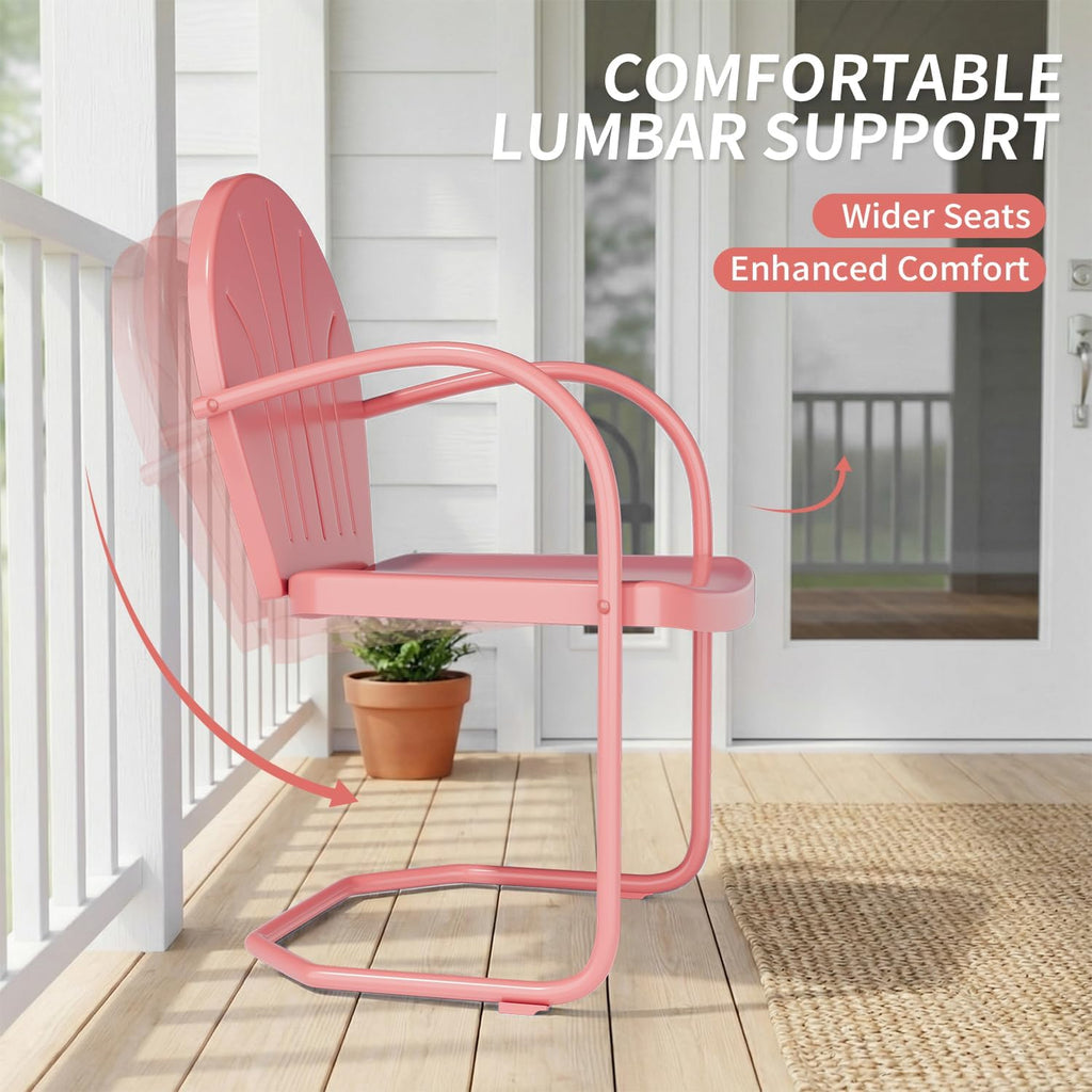 Patio Bistro Set Retro Metal Outdoor Seating Conversation 3 Pieces, 2 C-Spring Motion Armchairs and Round Side Table, for Porch, Lawn, Garden (Pink)