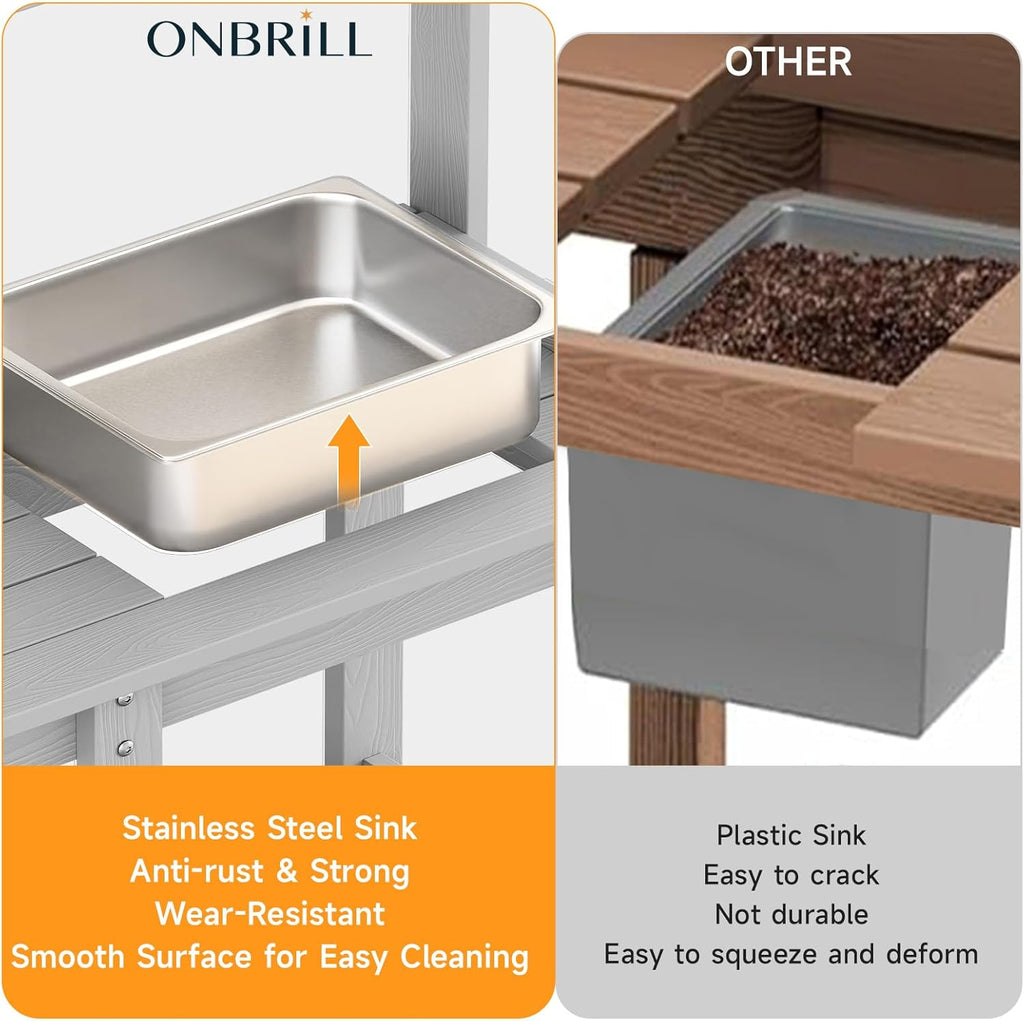 ONBRILL Potting Bench, Outdoor Potting Bench Table with Removable Sink, HDPS Potting Benches for Outside, Garden Table with Storage Shelves & 4 Side Hooks, No Rot, No Fade, No Break, 360lbs Capacity