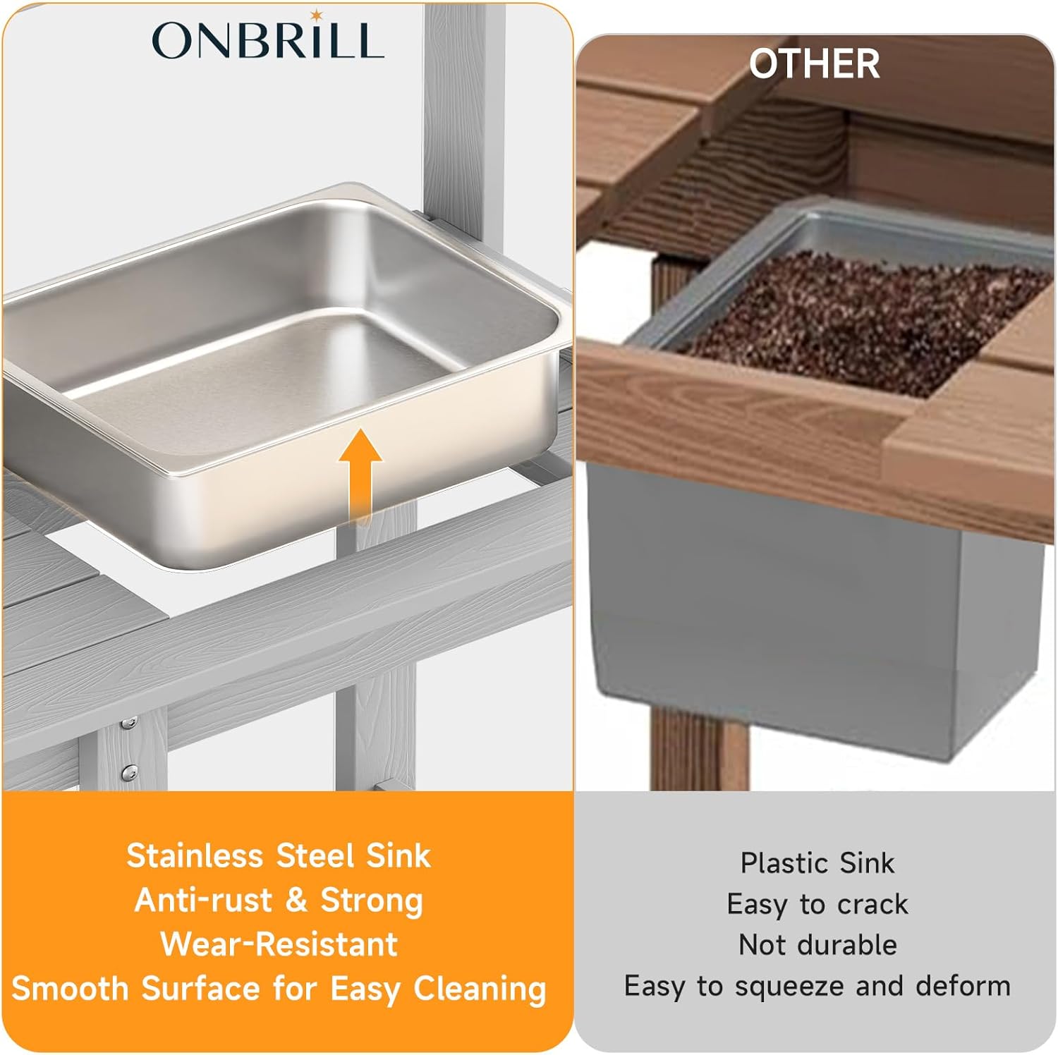 ONBRILL Potting Bench, Outdoor Potting Bench Table with Removable Sink, HDPS Potting Benches for Outside, Garden Table with Storage Shelves & 4 Side Hooks, No Rot, No Fade, No Break, 360lbs Capacity