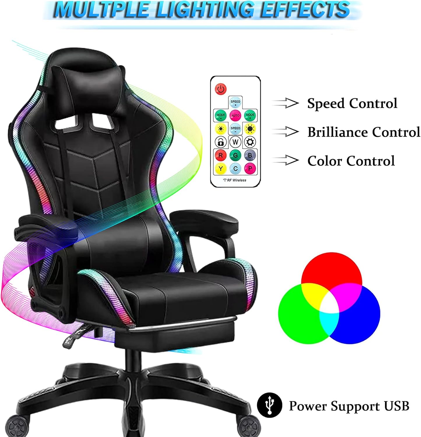 Gaming Chair with Speakers and RGB Lights, Video Game Chairs Ergonomic Pro Office Chair with Full Massage Lumbar Support, 90°-135° Backrest Adjustable Computer Chairs with Footrest,White