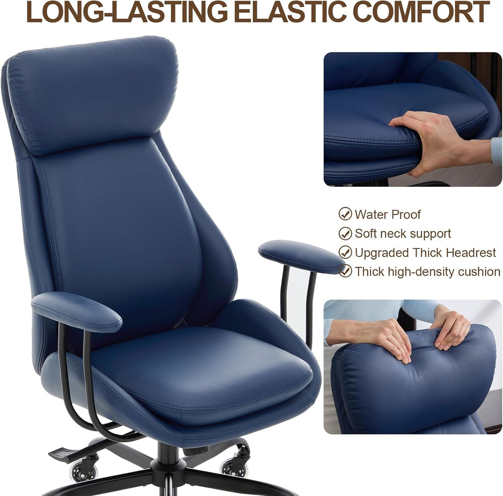 E-Motie Office Chair, Leather Desk Chair with Rubber Wheels, Ergonomic Computer Chair 500 LBS with Lumbar Support, High Back Executive Chair for Modern Home Office, Blue