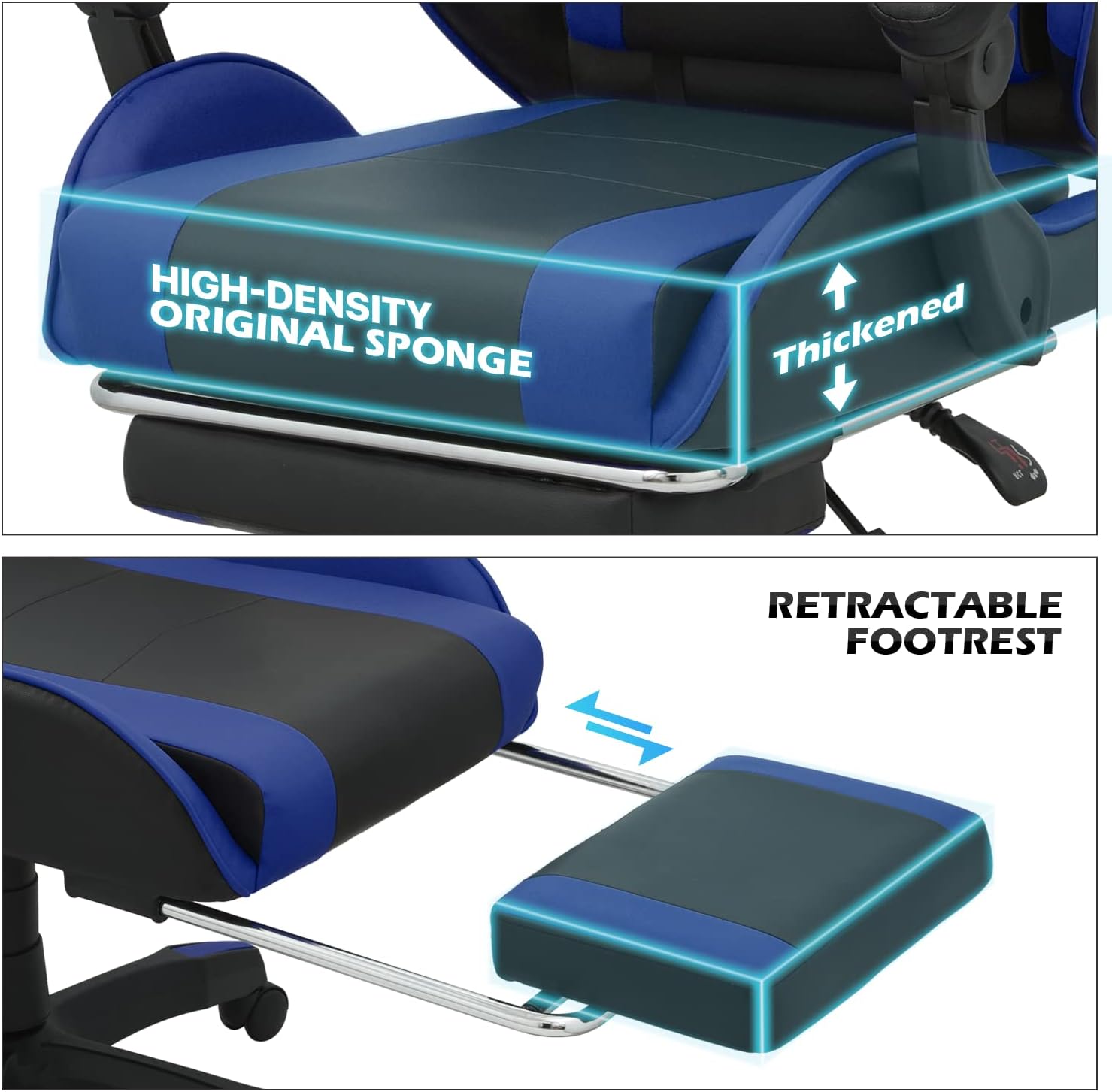 MoNiBloom Gaming Chair with Headrest & Lumbar Support Ergonomic Computer Racing Chair with Footrest, Adjustable Hight Leather Swivel Computer Chair for Adult Teen Office or Gaming, Blue